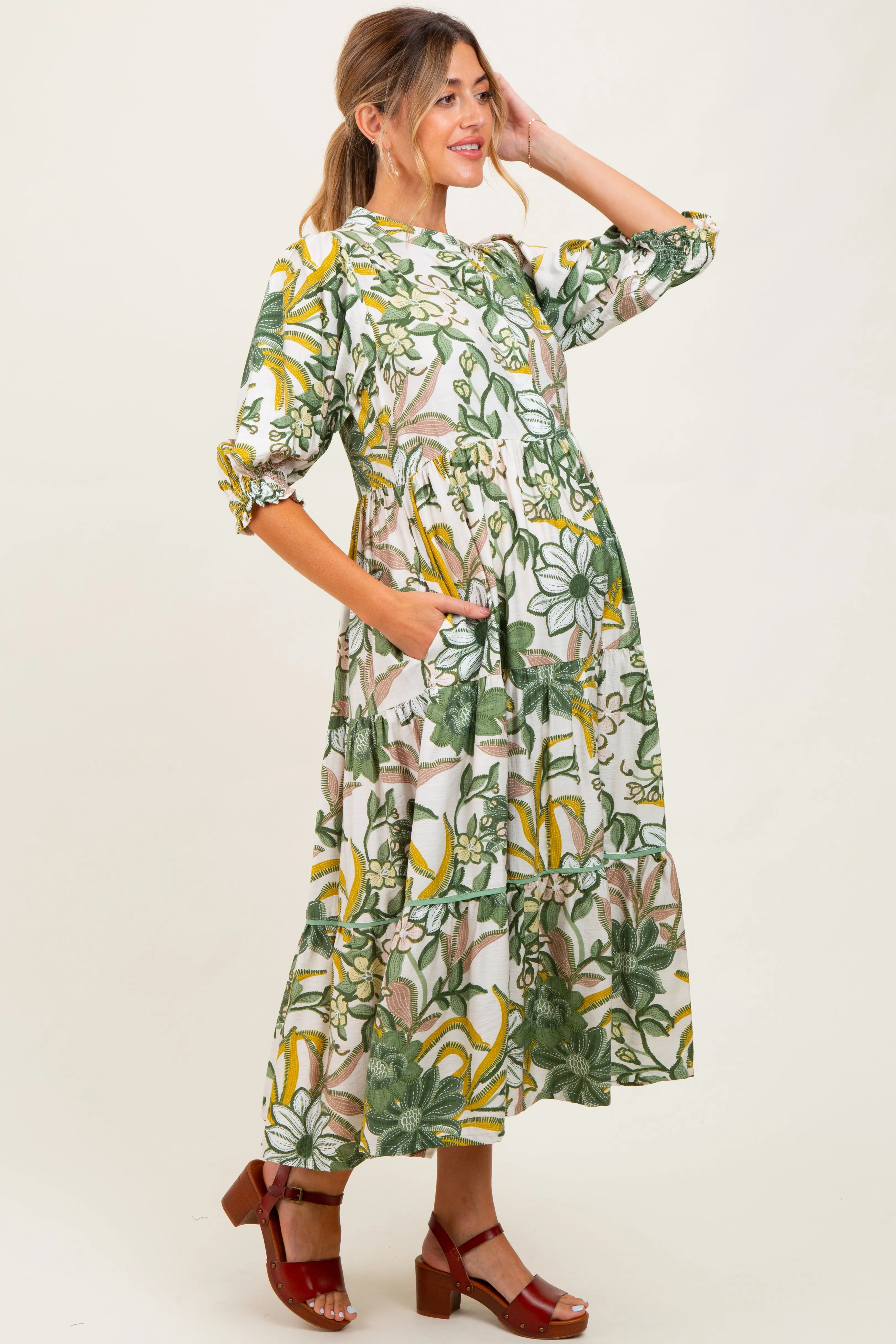 Green Floral Tiered Short Sleeve Maternity Midi Dress sold by Pinkblush product image thumbnail 3