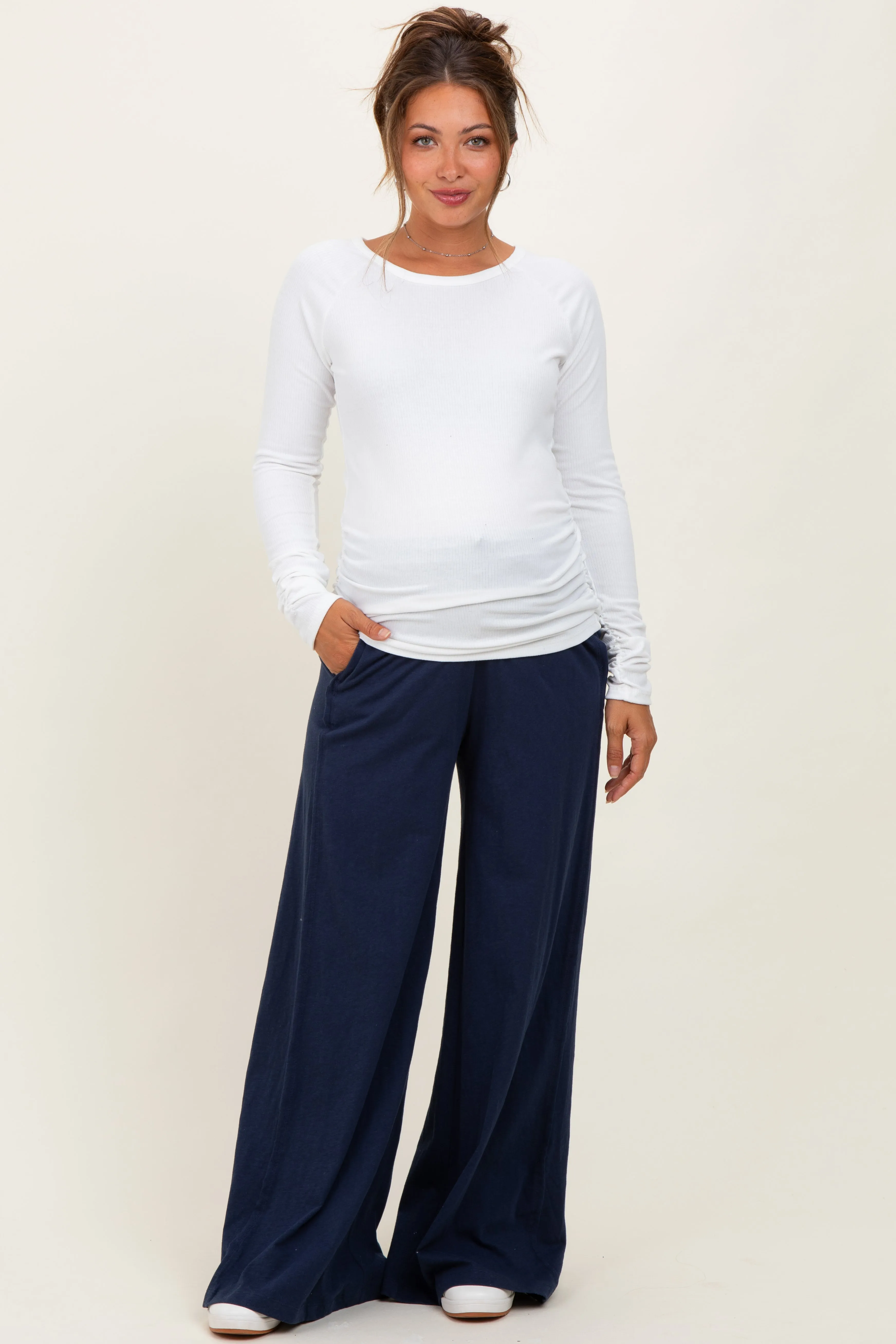 Ivory Solid Ribbed Ruched Long Sleeve Maternity Top sold by Pinkblush product image thumbnail 3