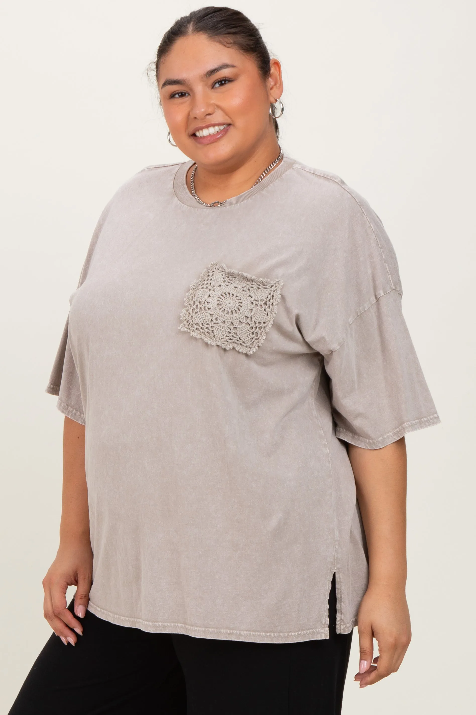 Taupe Mineral Wash Crochet Pocket Plus Top sold by Pinkblush product image thumbnail 3