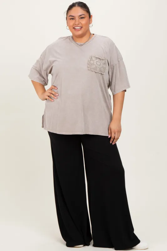 Taupe Mineral Wash Crochet Pocket Plus Top sold by Pinkblush