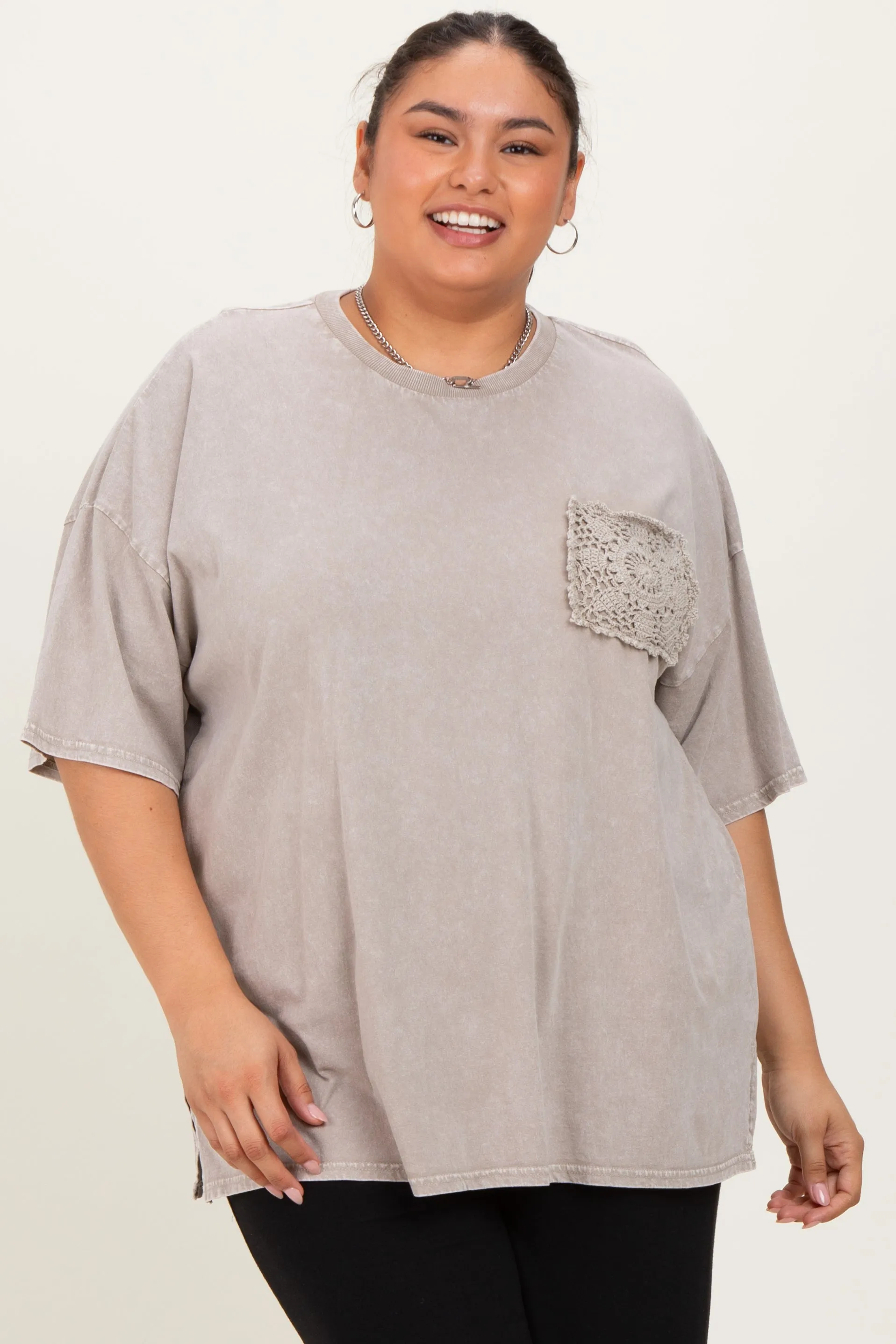 Taupe Mineral Wash Crochet Pocket Plus Top sold by Pinkblush product image thumbnail 2
