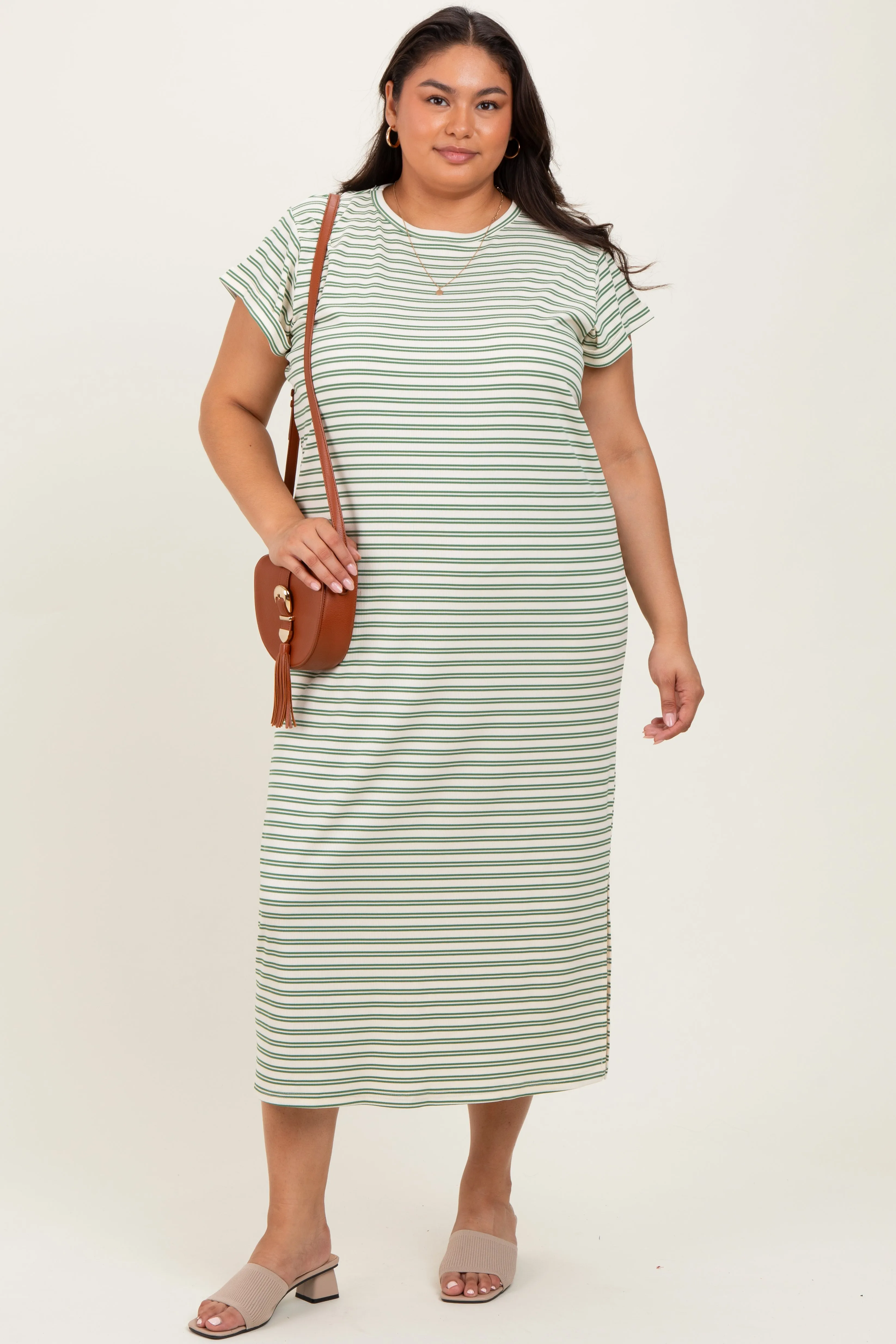 Olive Striped Plus Midi T-Shirt Dress sold by Pinkblush