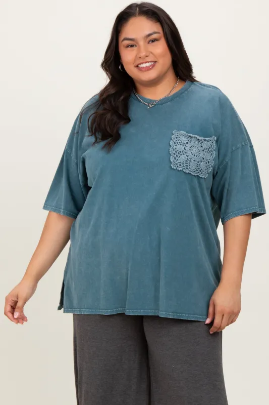 Deep Teal Mineral Wash Crochet Pocket Plus Top sold by Pinkblush