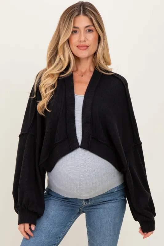 Black Solid Ribbed Long Sleeve Cropped Maternity Cardigan sold by Pinkblush