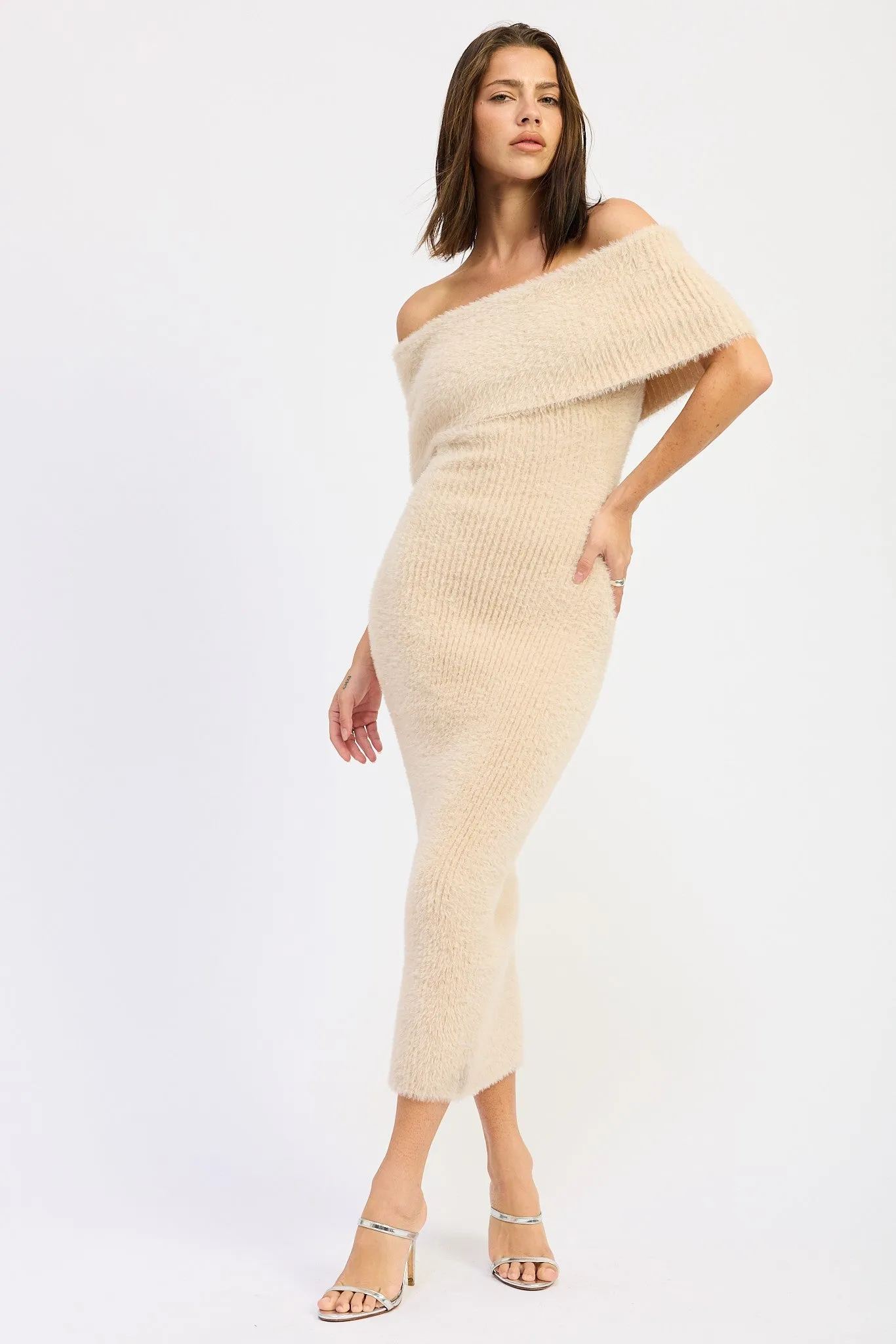 Cream Fuzzy Knit Off Shoulder Midi Dress sold by Pinkblush product image thumbnail 2