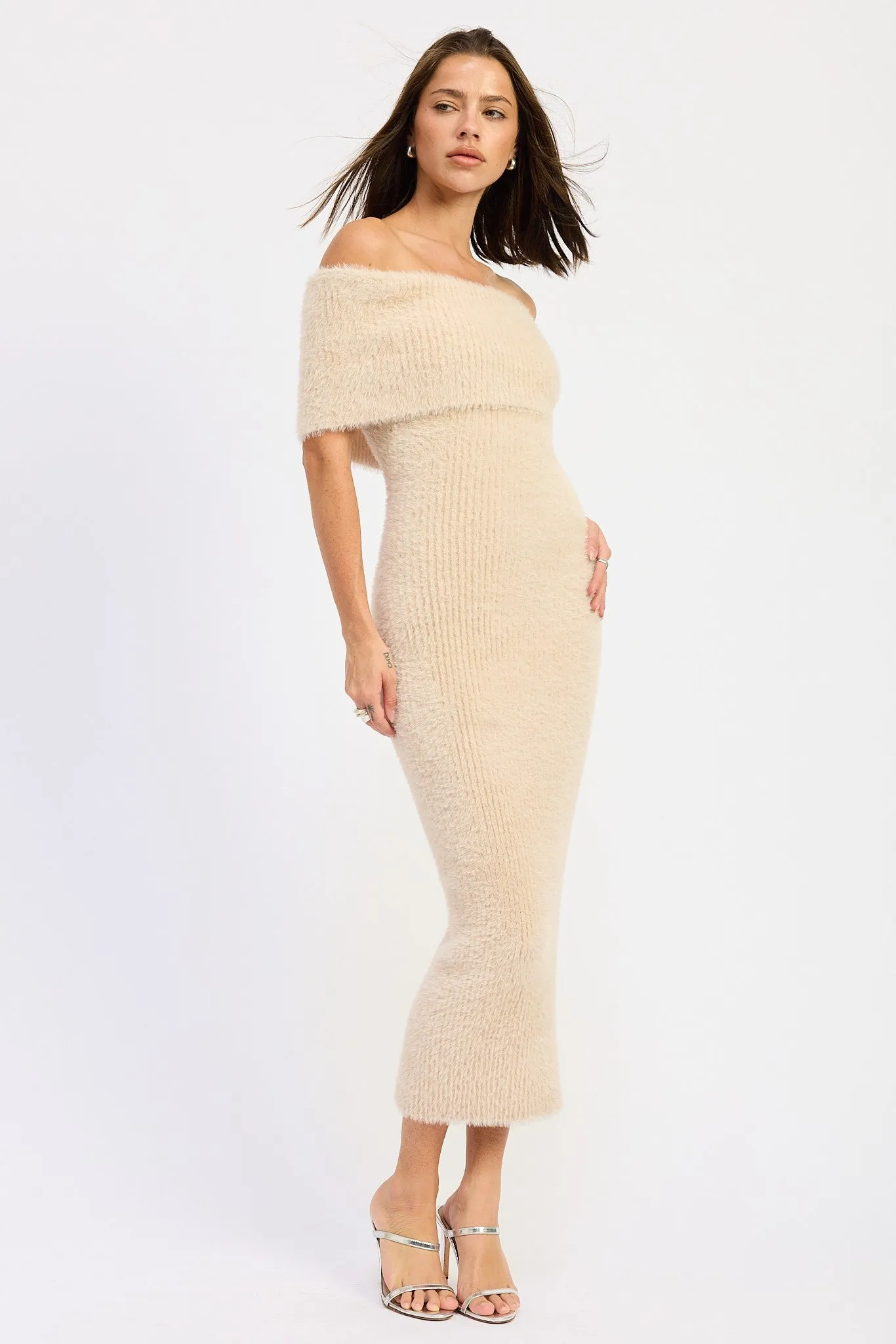 Cream Fuzzy Knit Off Shoulder Midi Dress sold by Pinkblush product image thumbnail 3