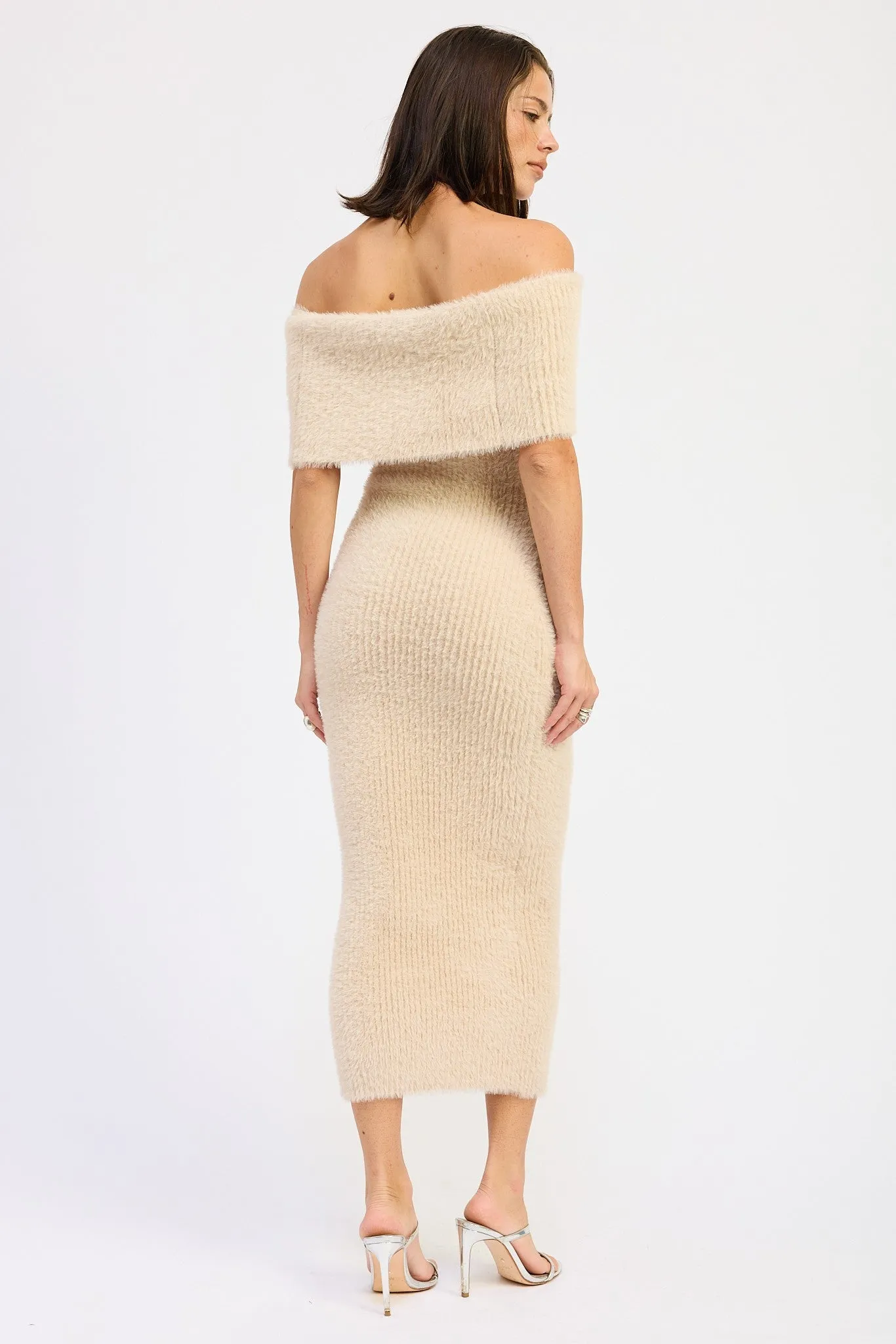 Cream Fuzzy Knit Off Shoulder Midi Dress sold by Pinkblush product image thumbnail 4
