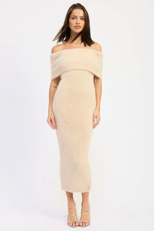 Cream Fuzzy Knit Off Shoulder Midi Dress sold by Pinkblush