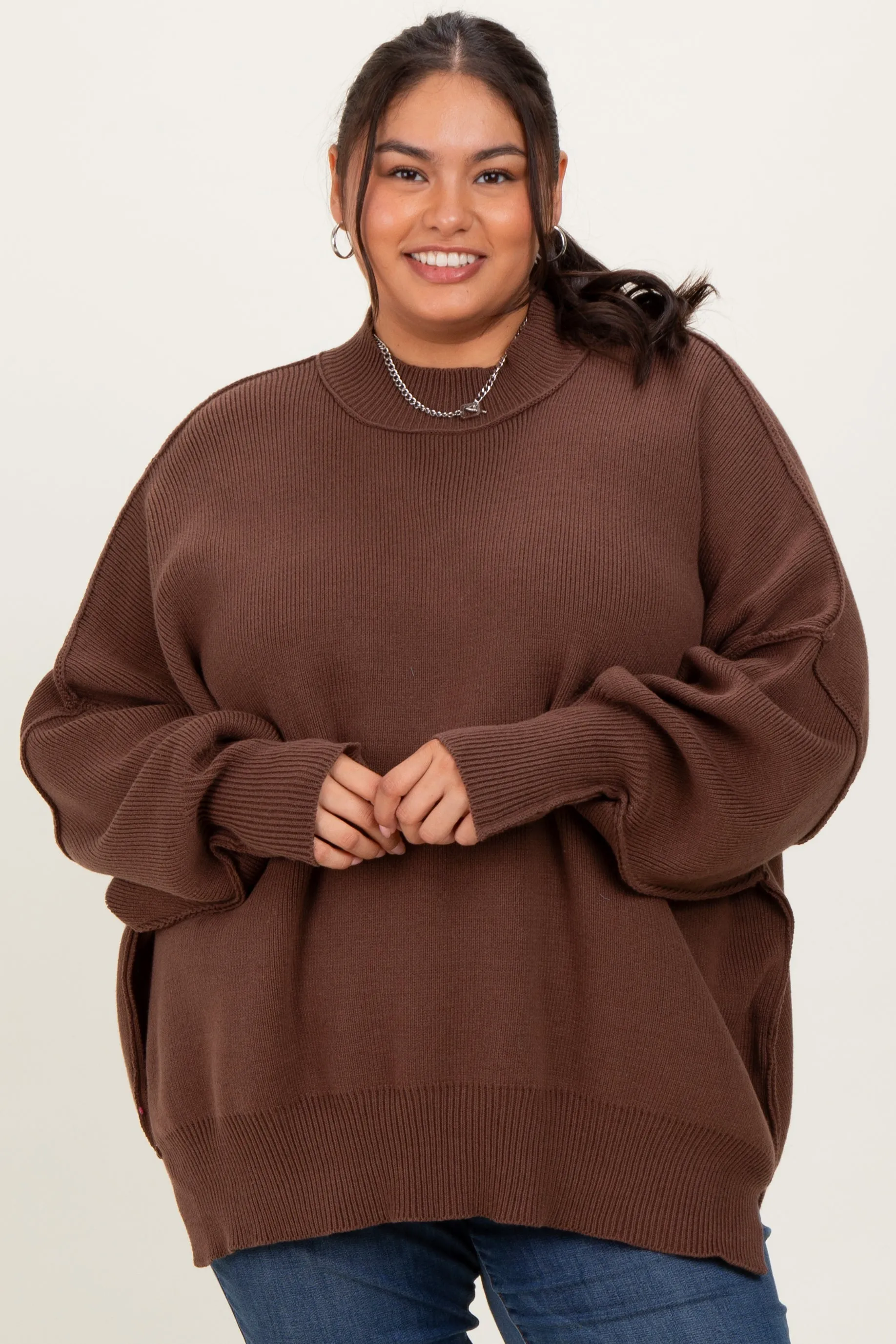 Brown Mock Neck Exposed Seam Sweater sold by Pinkblush