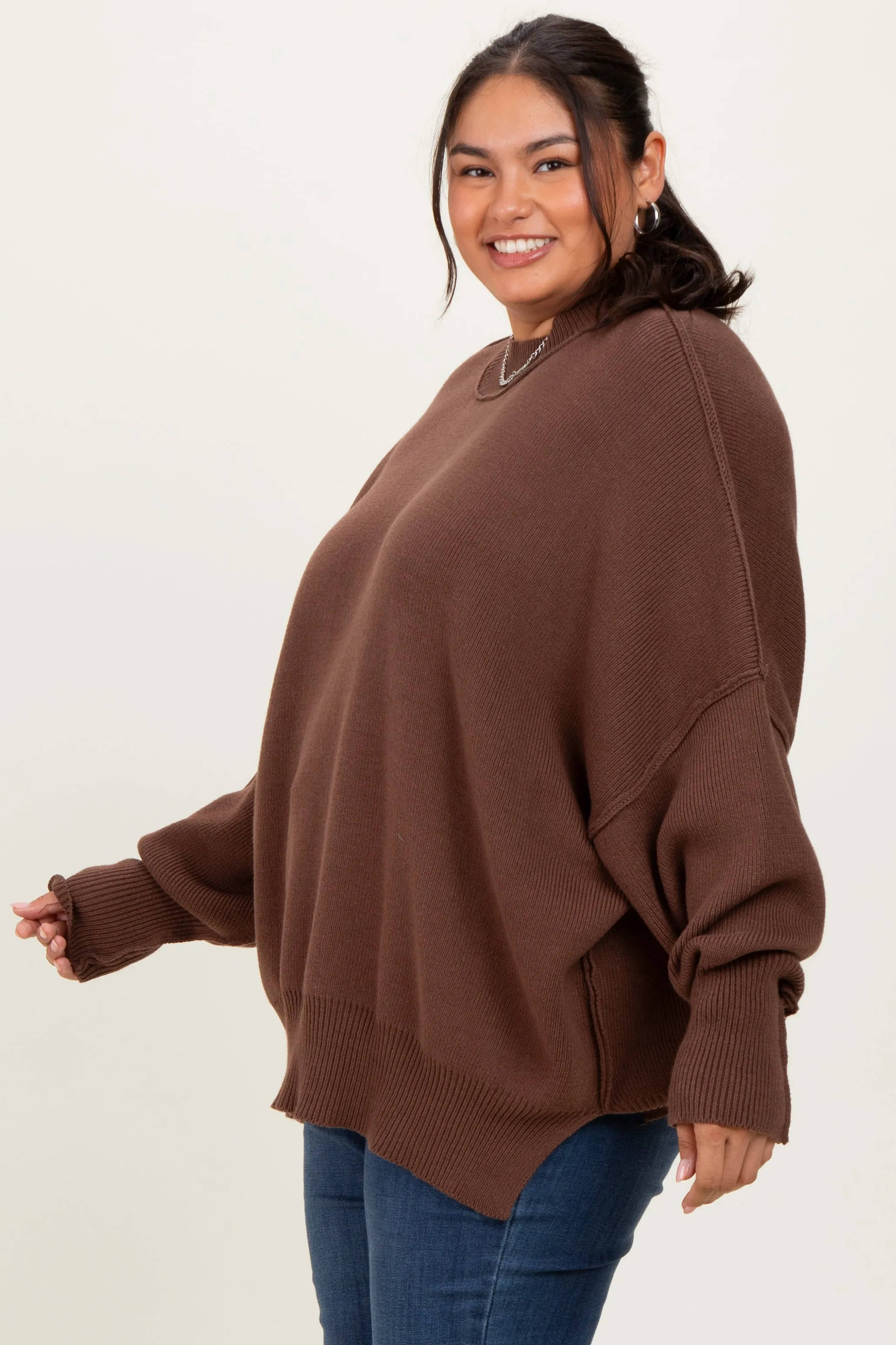 Brown Mock Neck Exposed Seam Sweater sold by Pinkblush product image thumbnail 3