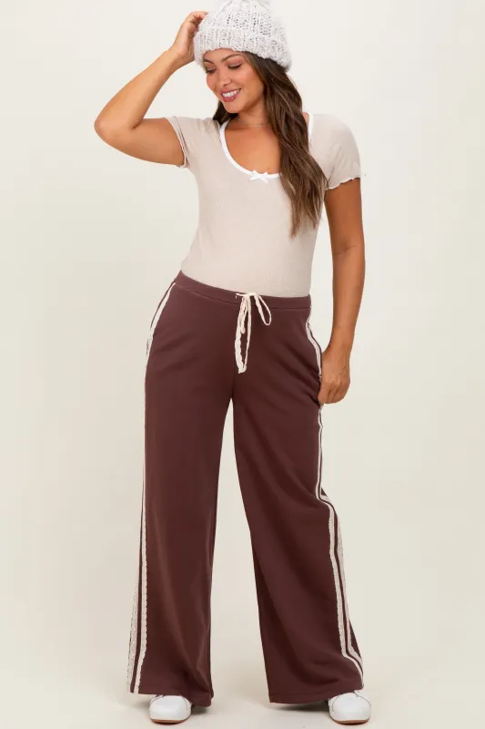 Brown Lace Stripe Drawstring Maternity Lounge Pants sold by Pinkblush