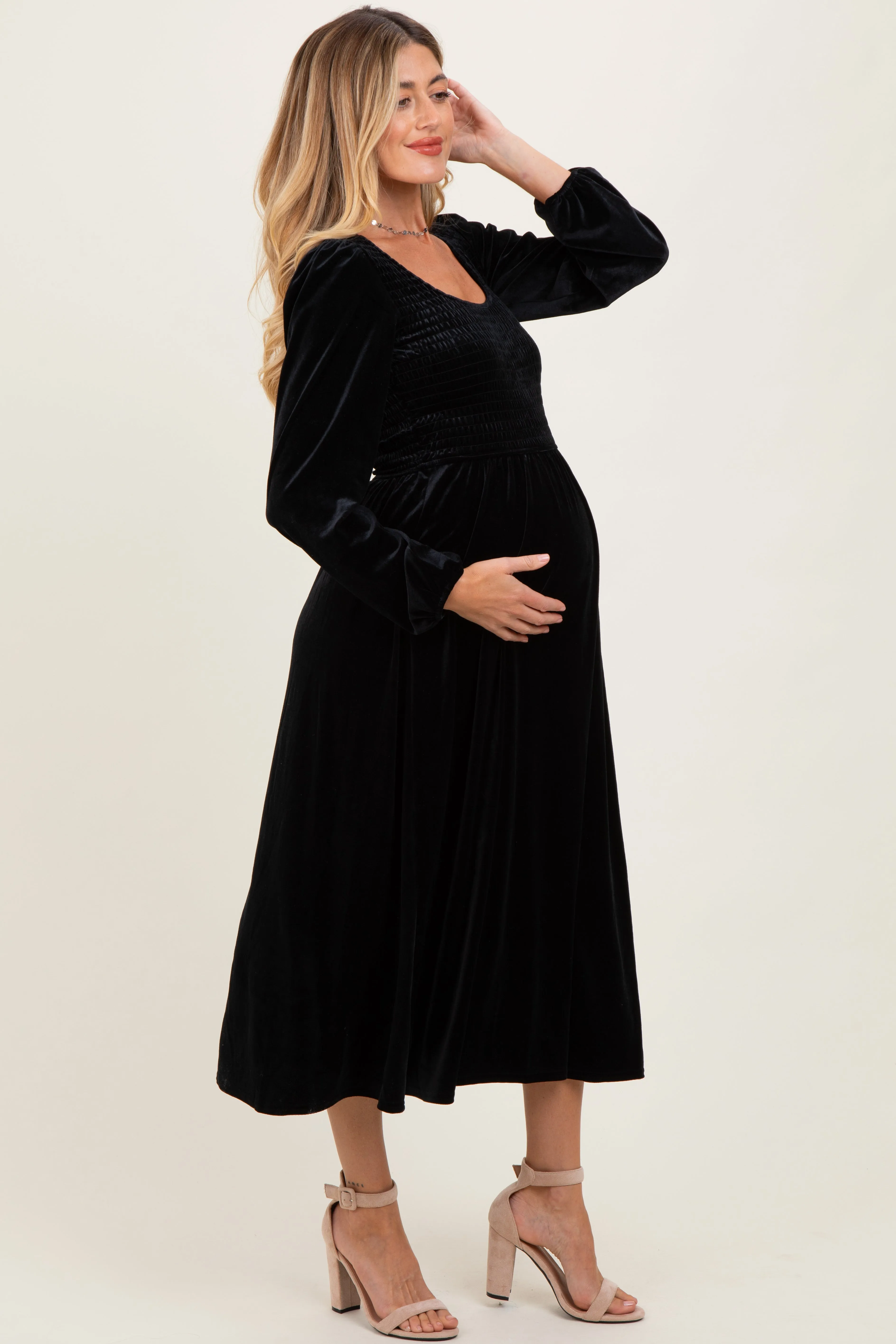 Black Velvet Smocked Long Sleeve Maternity Midi Dress sold by Pinkblush product image thumbnail 3
