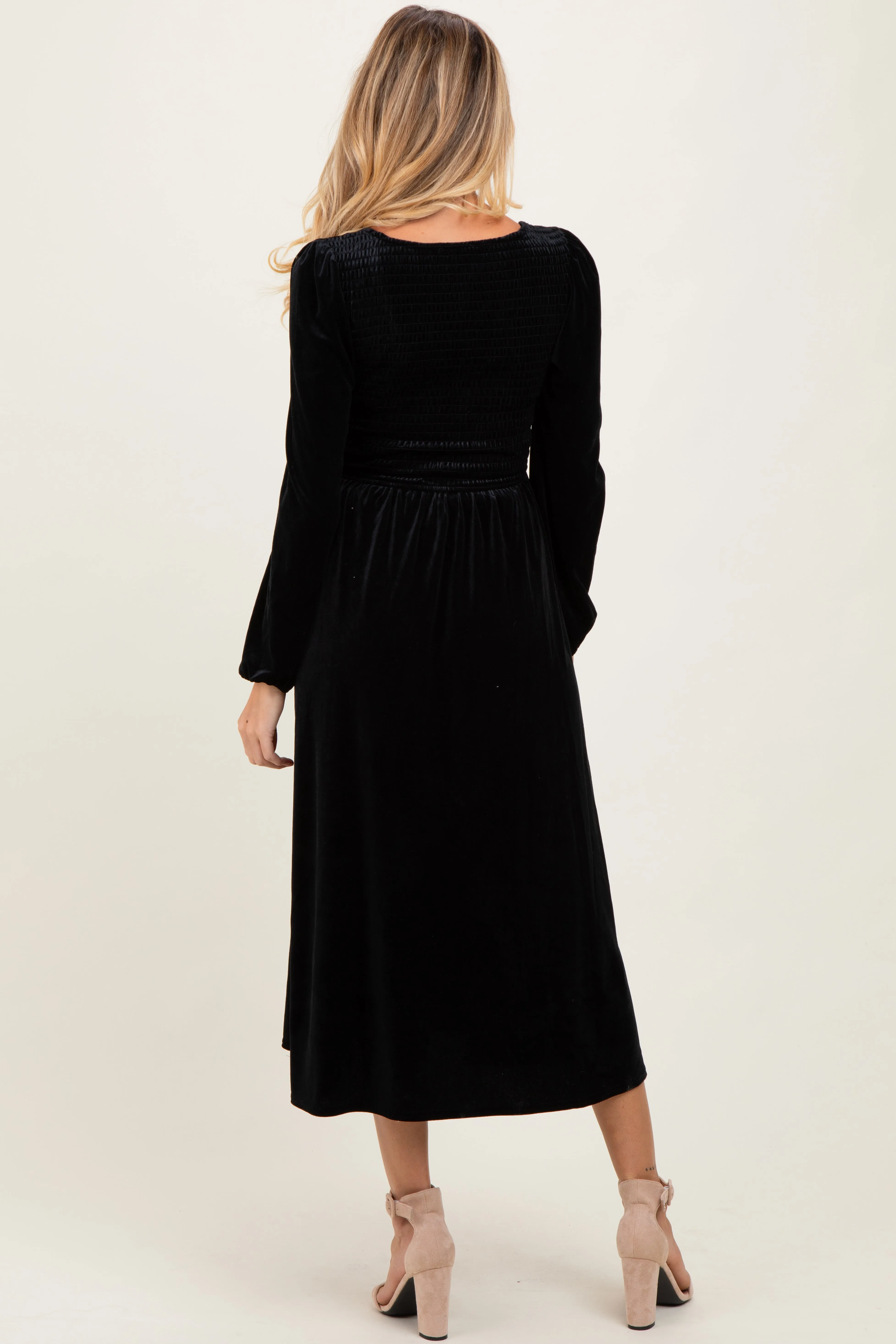 Black Velvet Smocked Long Sleeve Maternity Midi Dress sold by Pinkblush product image thumbnail 4
