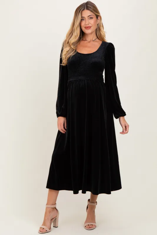 Black Velvet Smocked Long Sleeve Maternity Midi Dress sold by Pinkblush
