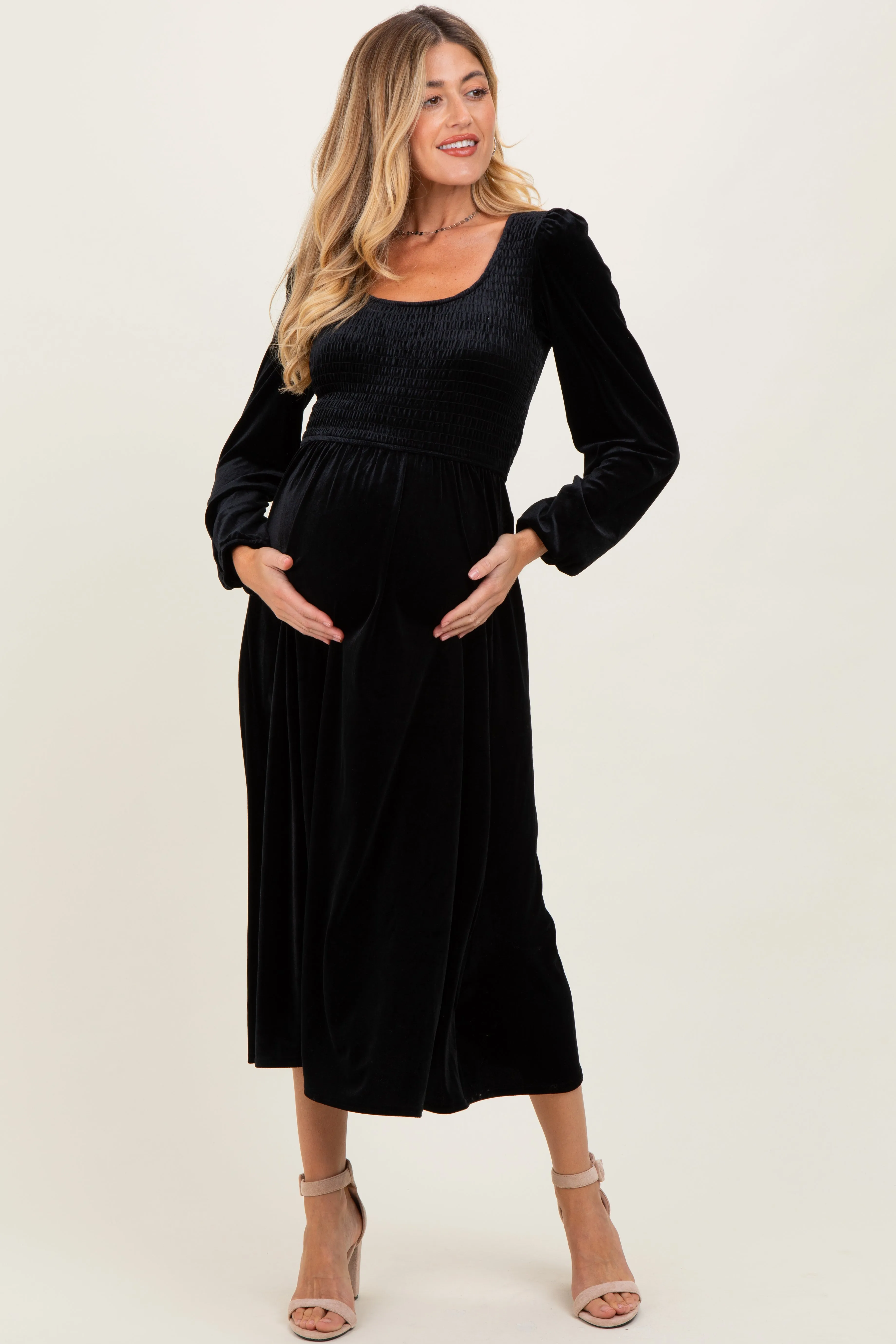 Black Velvet Smocked Long Sleeve Maternity Midi Dress sold by Pinkblush product image thumbnail 2