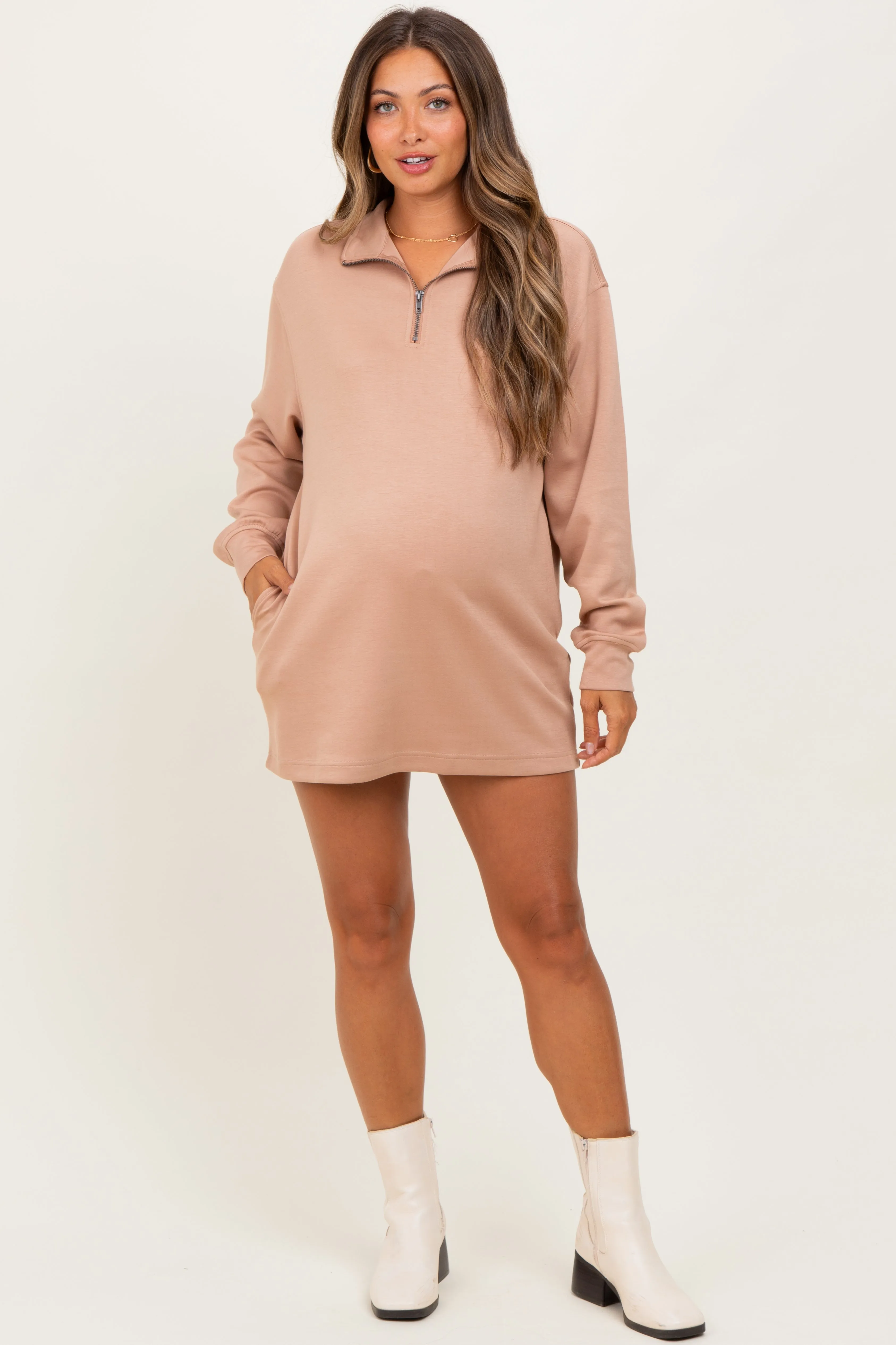 Taupe Half Zip Long Sleeve Maternity Mini Dress sold by Pinkblush product image thumbnail 2