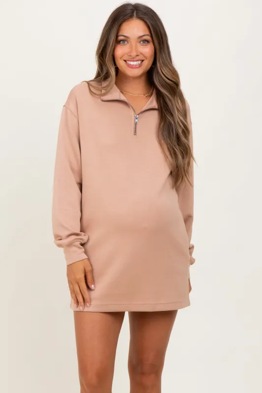 Taupe Half Zip Long Sleeve Maternity Mini Dress sold by Pinkblush