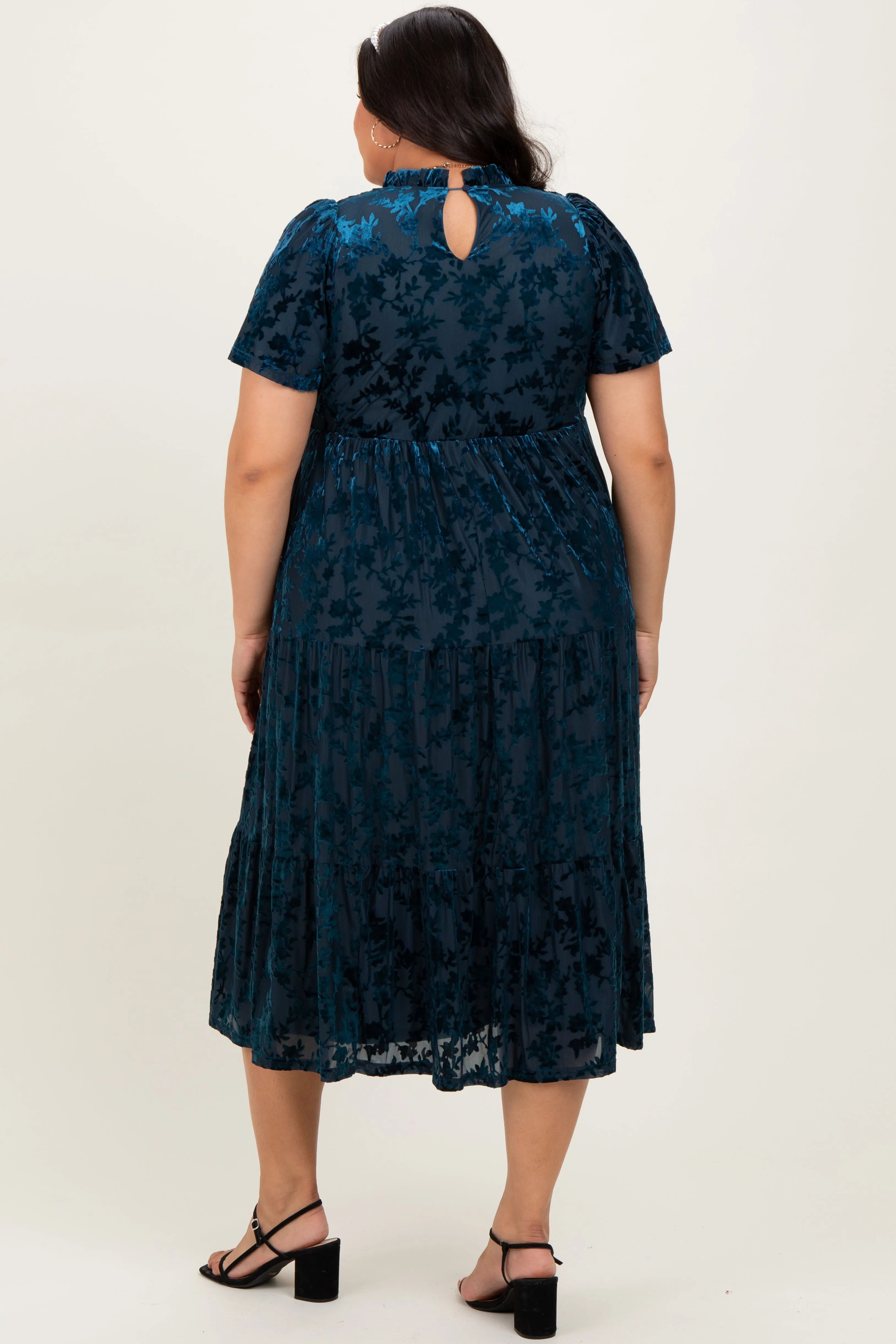 Navy Floral Velvet Print Smocked Plus Midi Dress sold by Pinkblush product image thumbnail 4