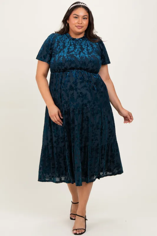 Navy Floral Velvet Print Smocked Plus Midi Dress sold by Pinkblush