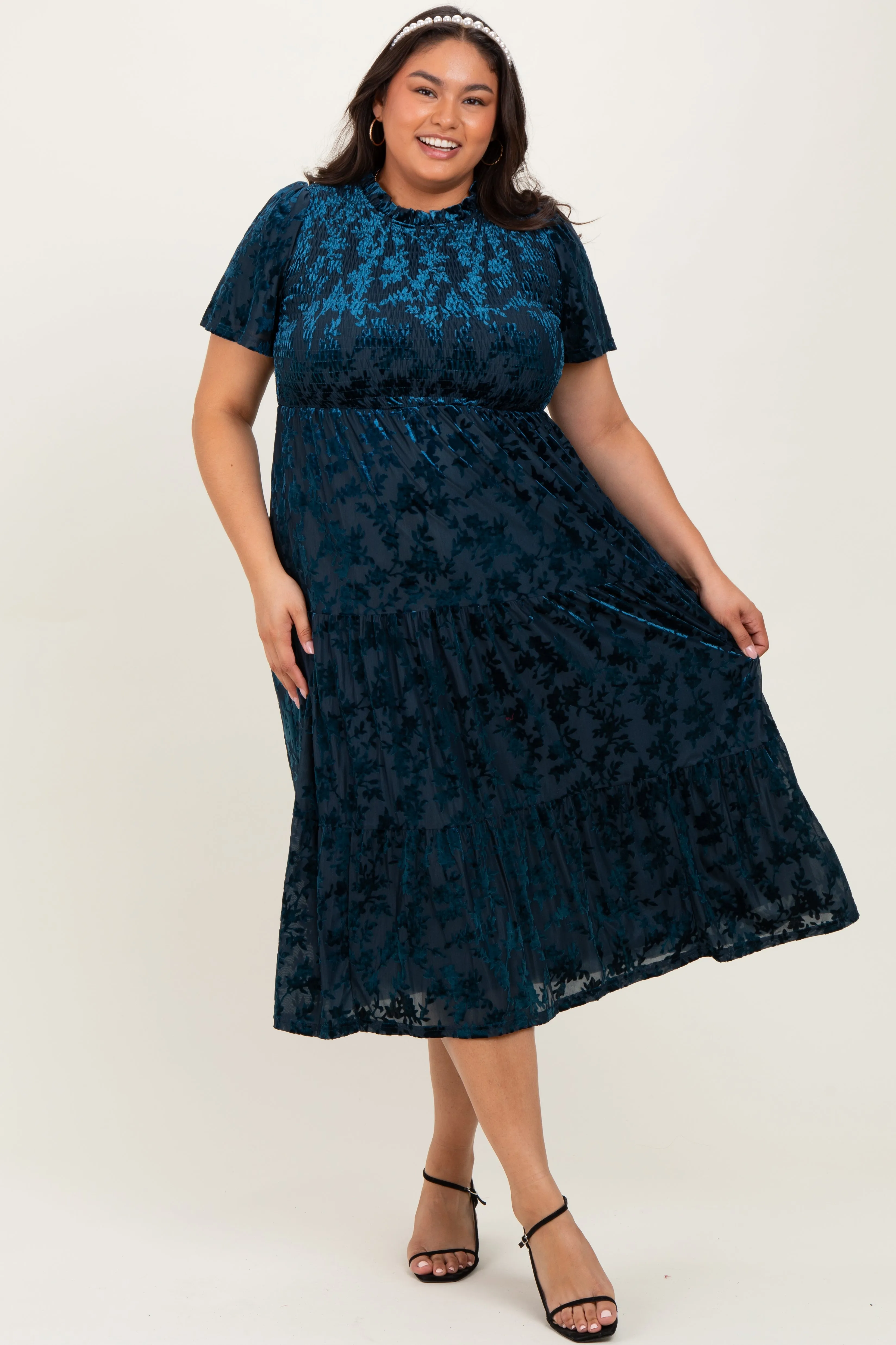 Navy Floral Velvet Print Smocked Plus Midi Dress sold by Pinkblush product image thumbnail 2