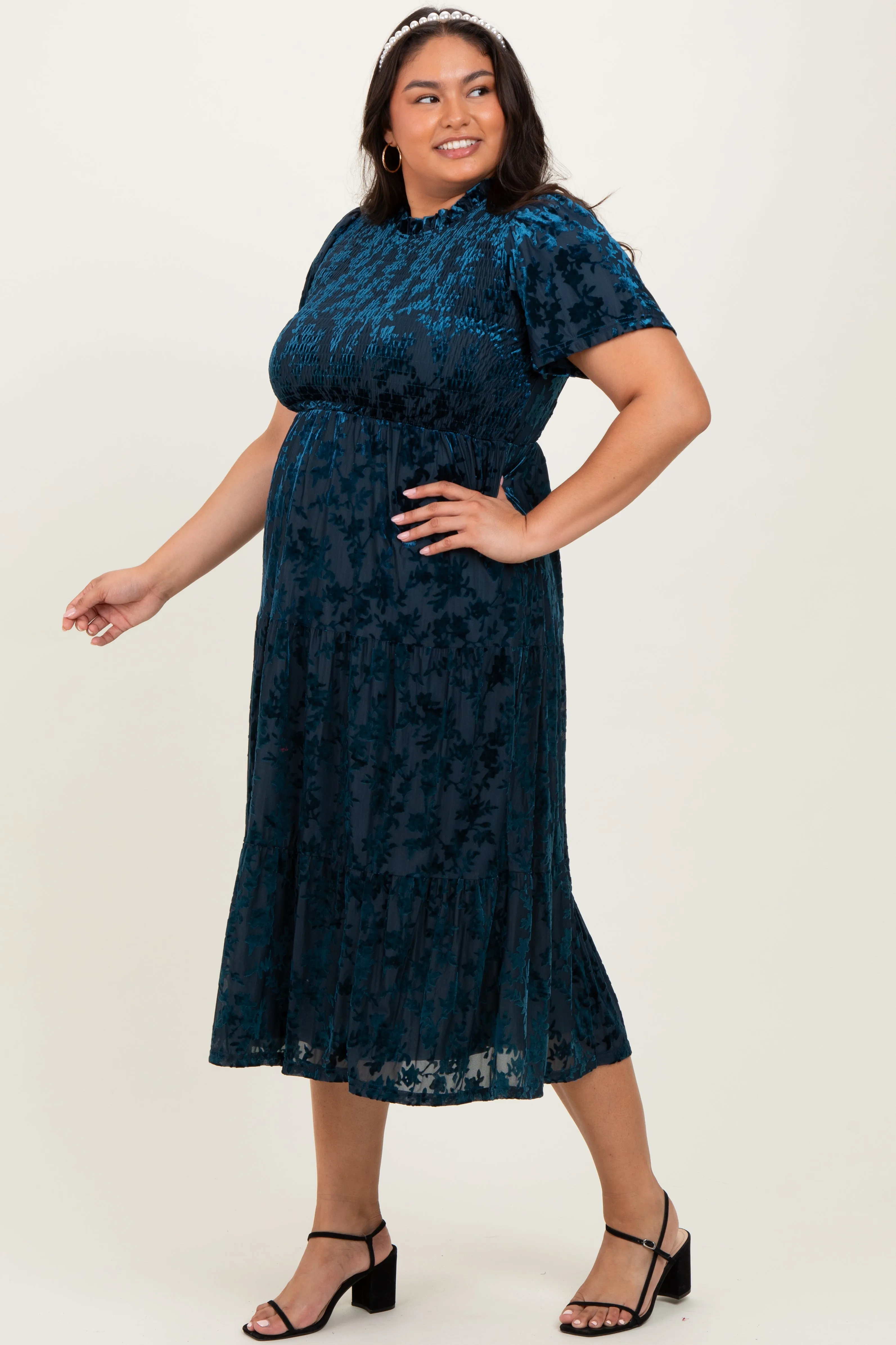 Navy Floral Velvet Print Smocked Plus Midi Dress sold by Pinkblush product image thumbnail 3