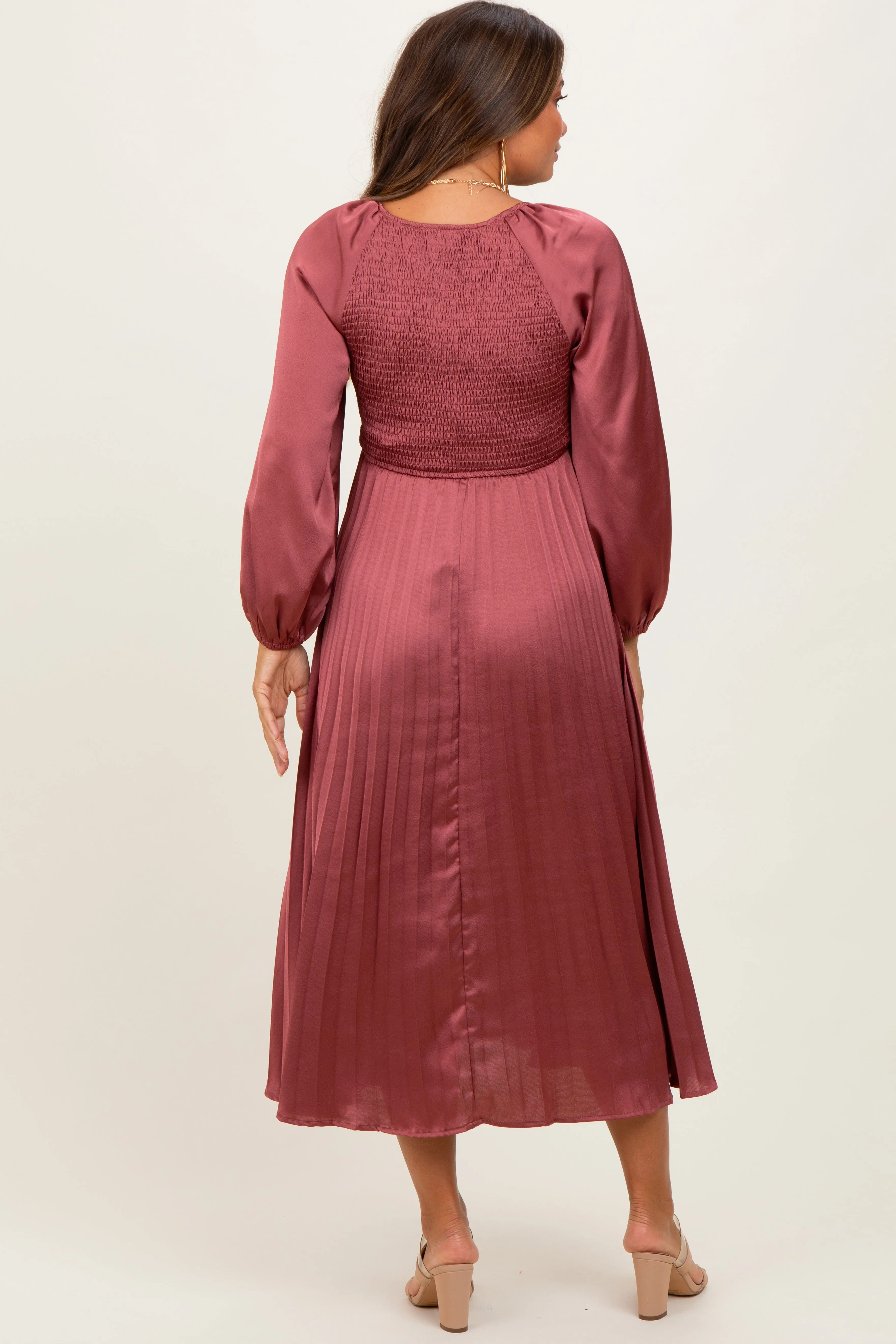 Mauve Satin Smocked Pleated Maternity Midi Dress sold by Pinkblush product image thumbnail 4