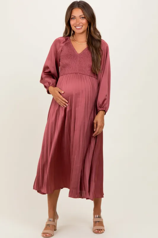 Mauve Satin Smocked Pleated Maternity Midi Dress sold by Pinkblush