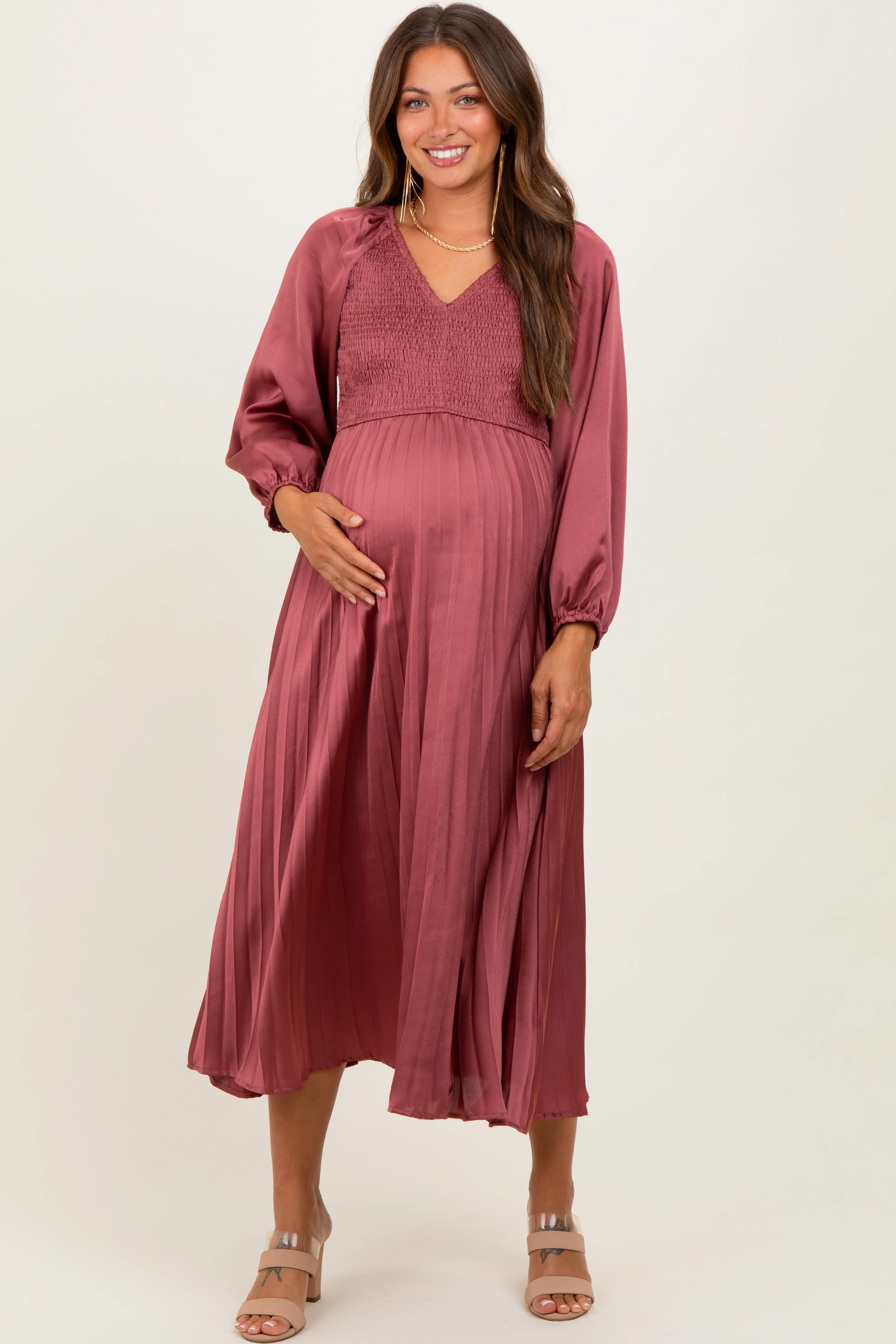 Mauve Satin Smocked Pleated Maternity Midi Dress sold by Pinkblush