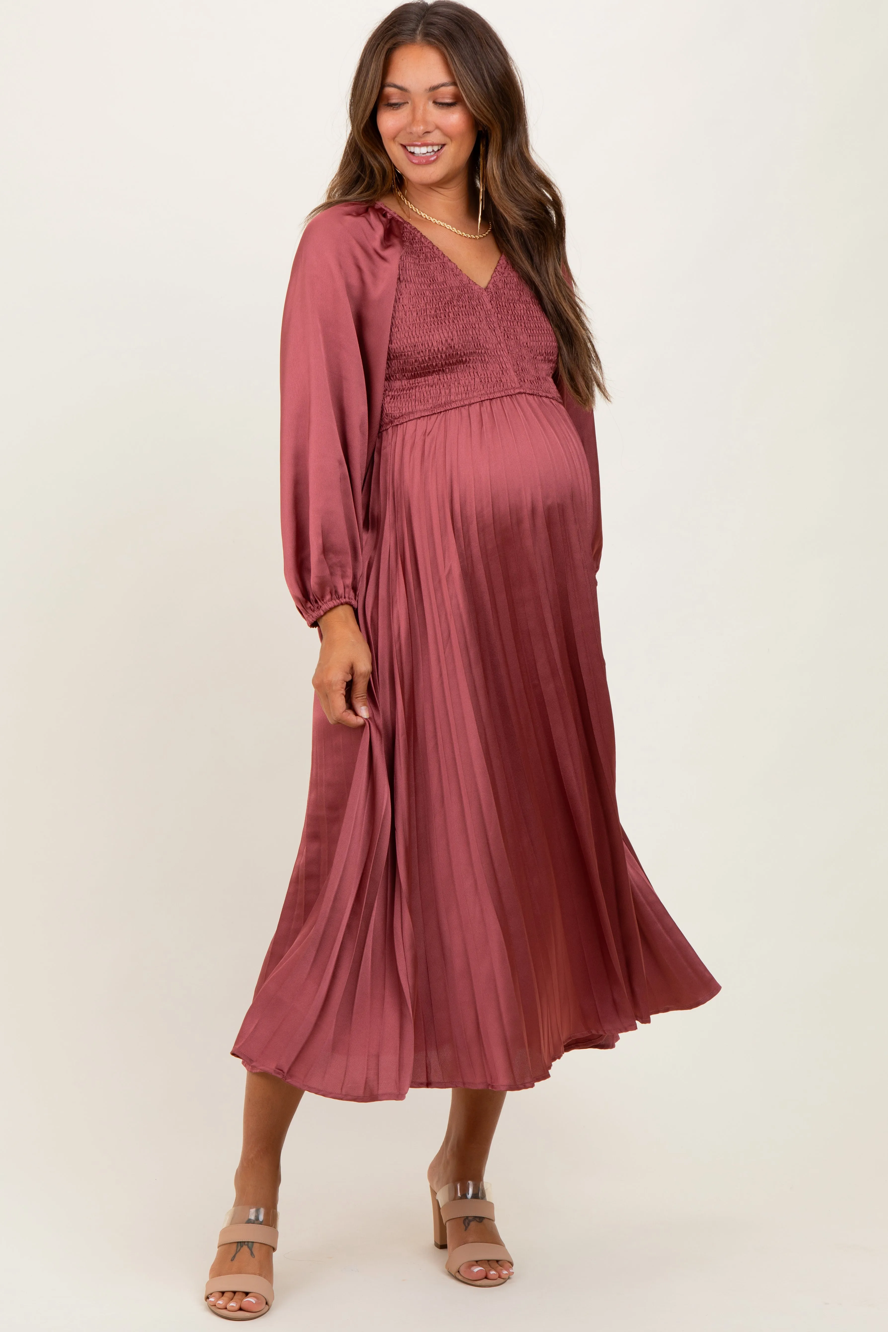 Mauve Satin Smocked Pleated Maternity Midi Dress sold by Pinkblush product image thumbnail 2