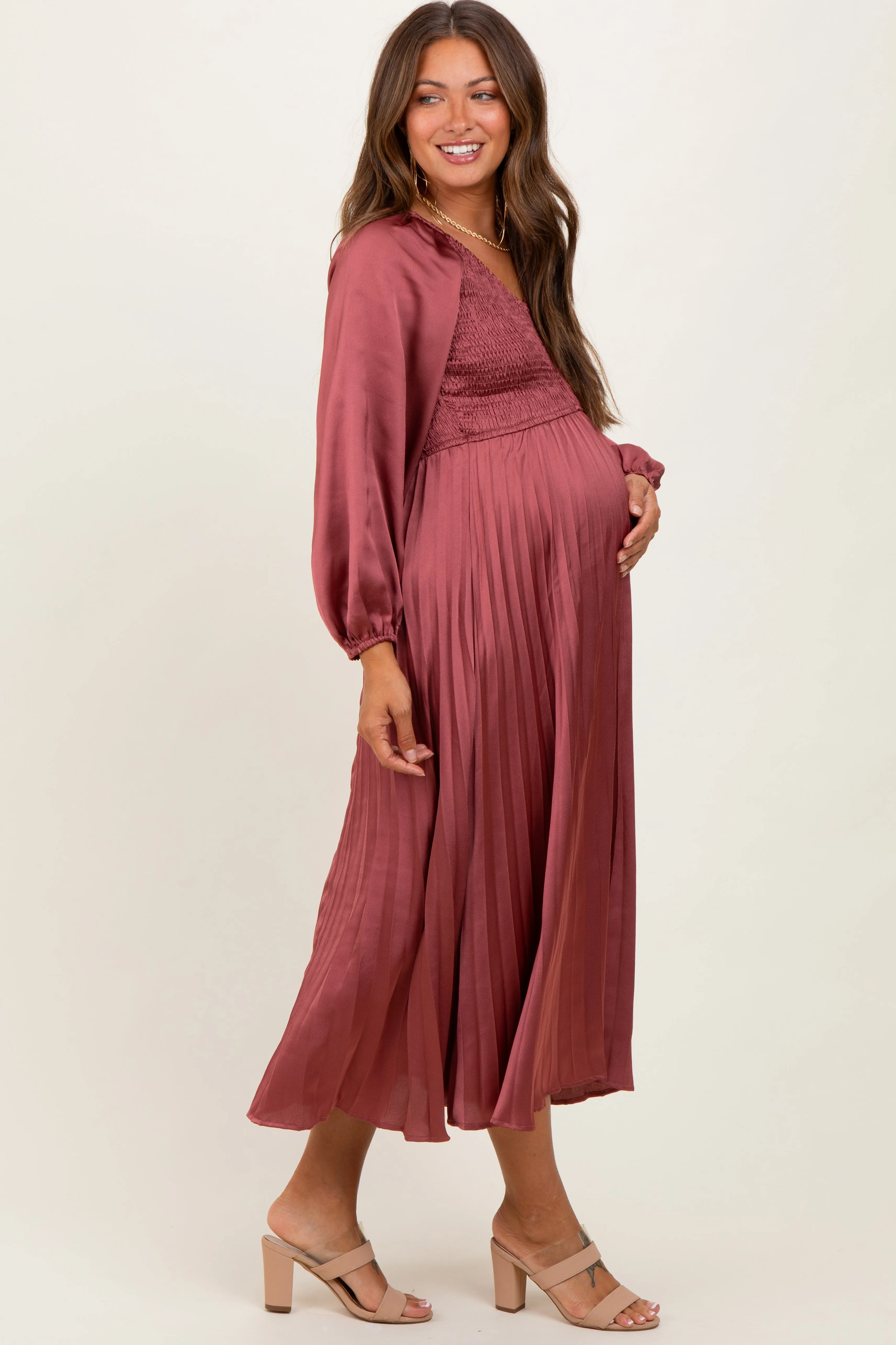 Mauve Satin Smocked Pleated Maternity Midi Dress sold by Pinkblush product image thumbnail 3
