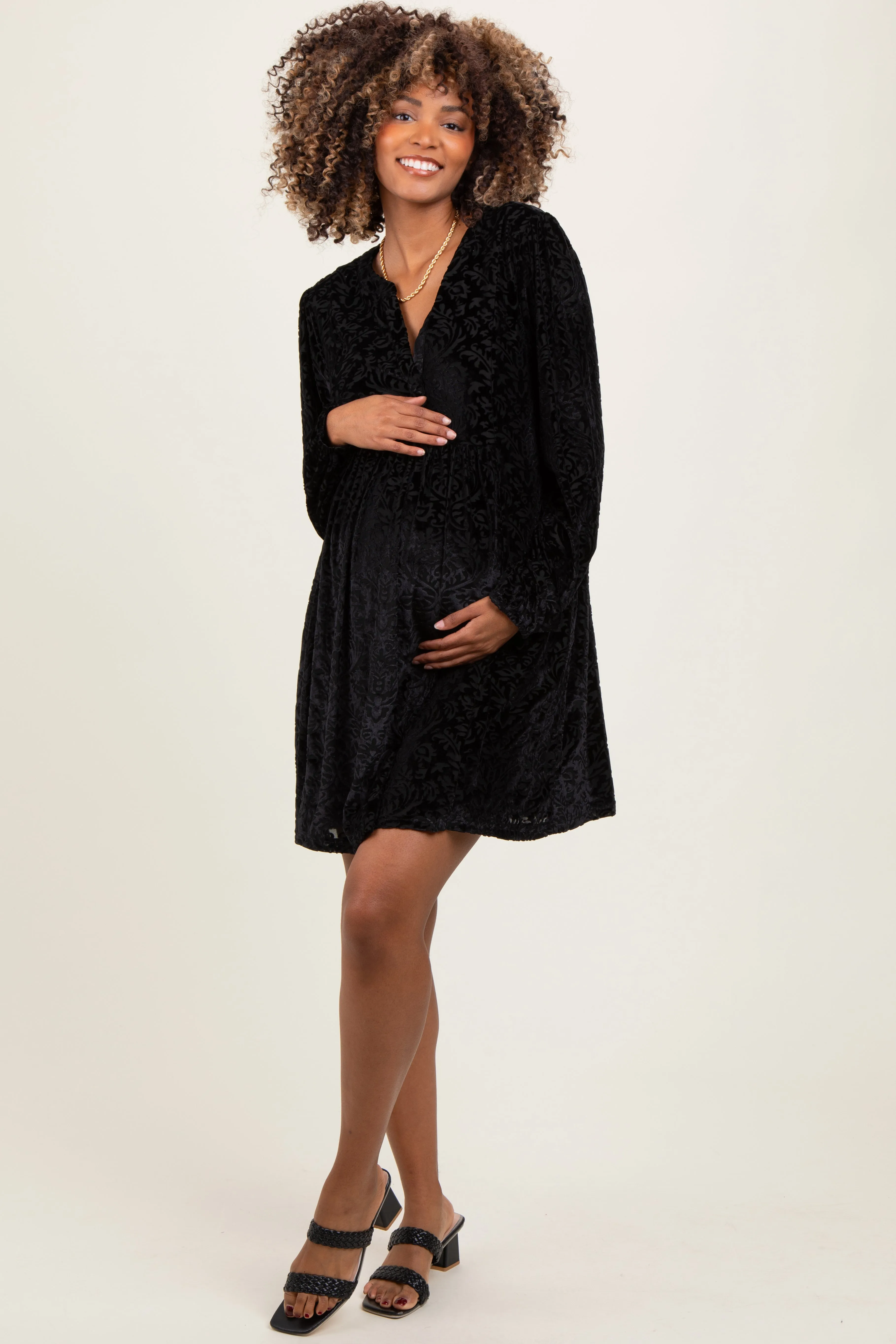Black Velvet Damask Print Long Sleeve Maternity Mini Dress sold by Pinkblush product image thumbnail 2