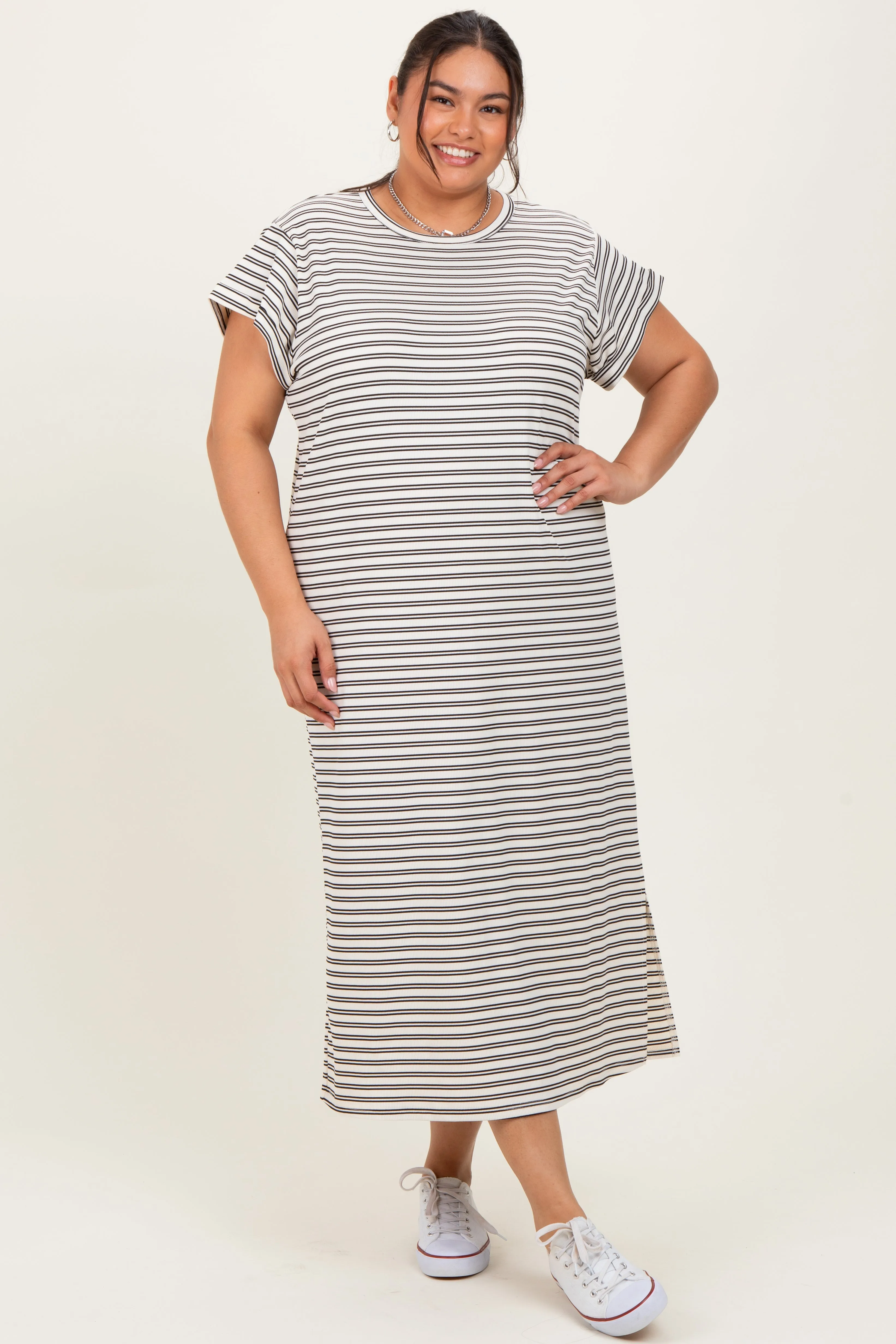 Black Striped Plus Midi T-Shirt Dress sold by Pinkblush