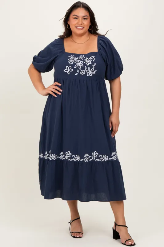 Navy Embroidered Floral Square Neck Plus Maxi Dress sold by Pinkblush