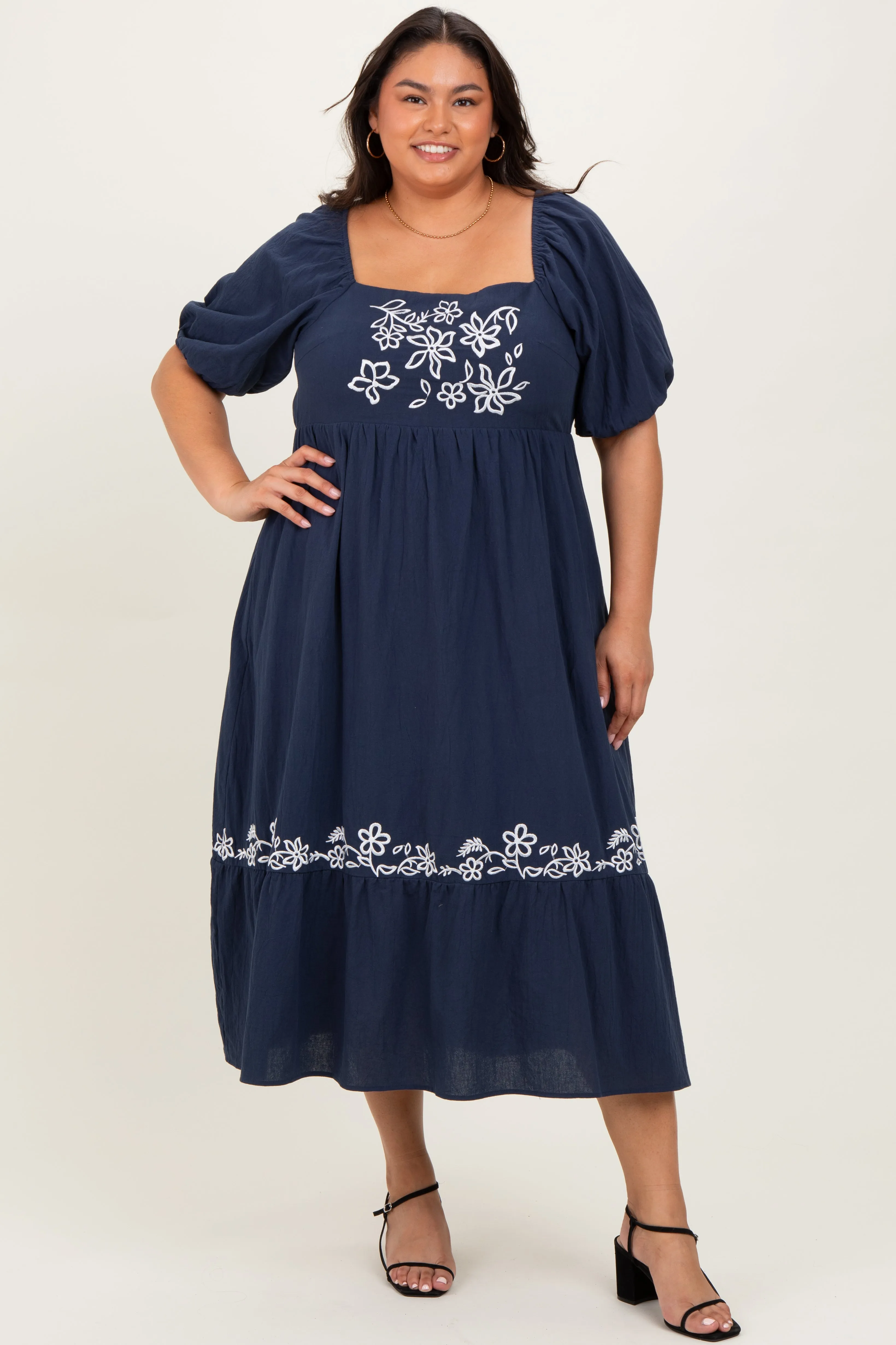 Navy Embroidered Floral Square Neck Plus Maxi Dress sold by Pinkblush