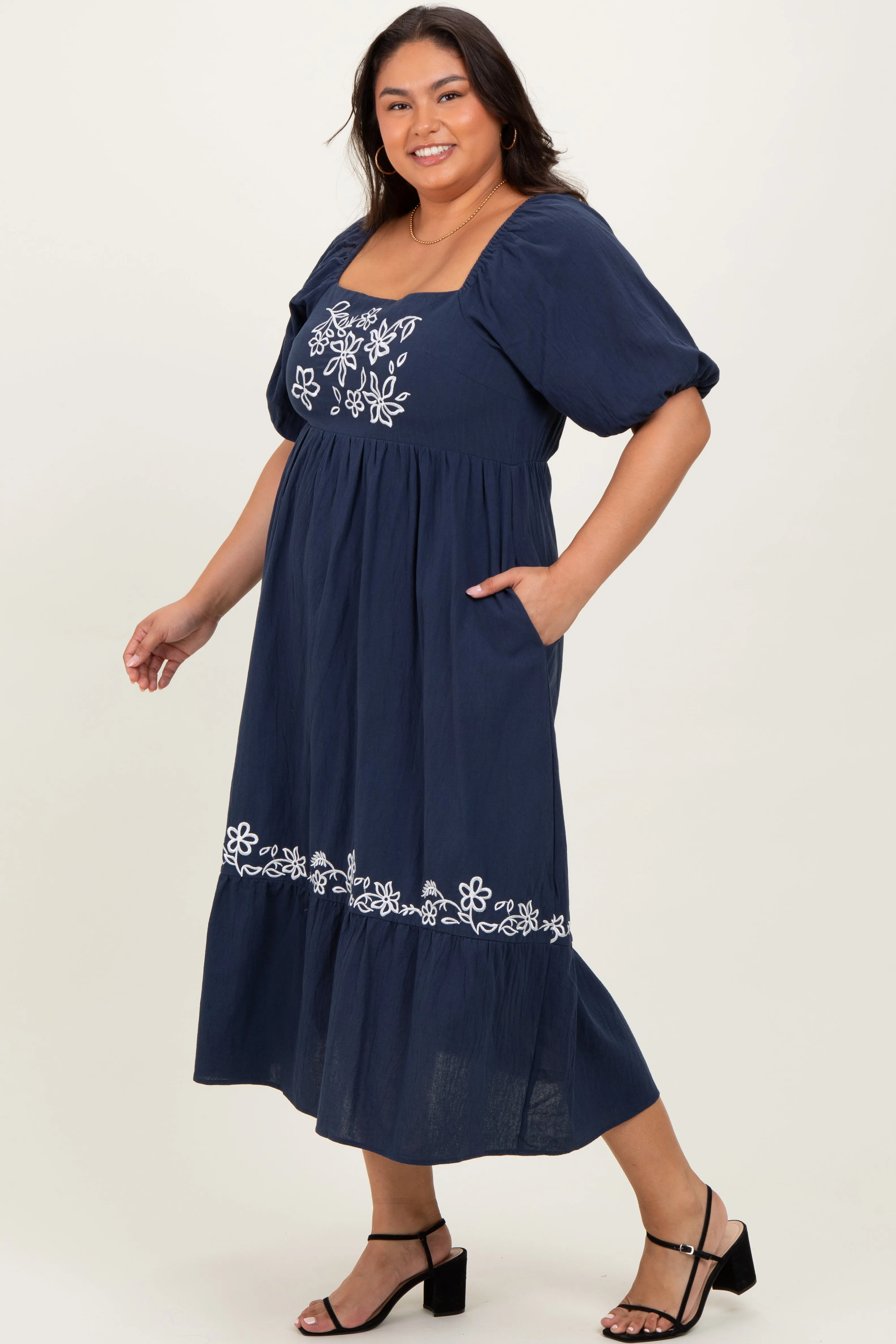 Navy Embroidered Floral Square Neck Plus Maxi Dress sold by Pinkblush product image thumbnail 3