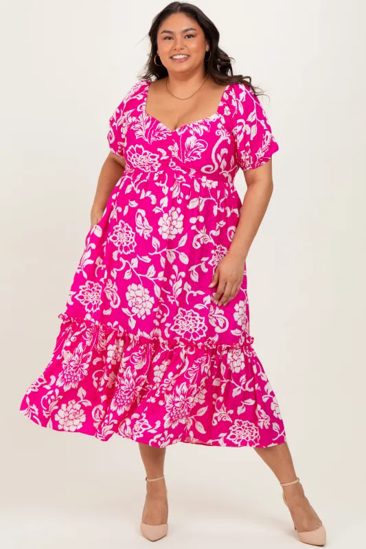 Fuchsia Floral Sweetheart Neckline Plus Midi Dress sold by Pinkblush