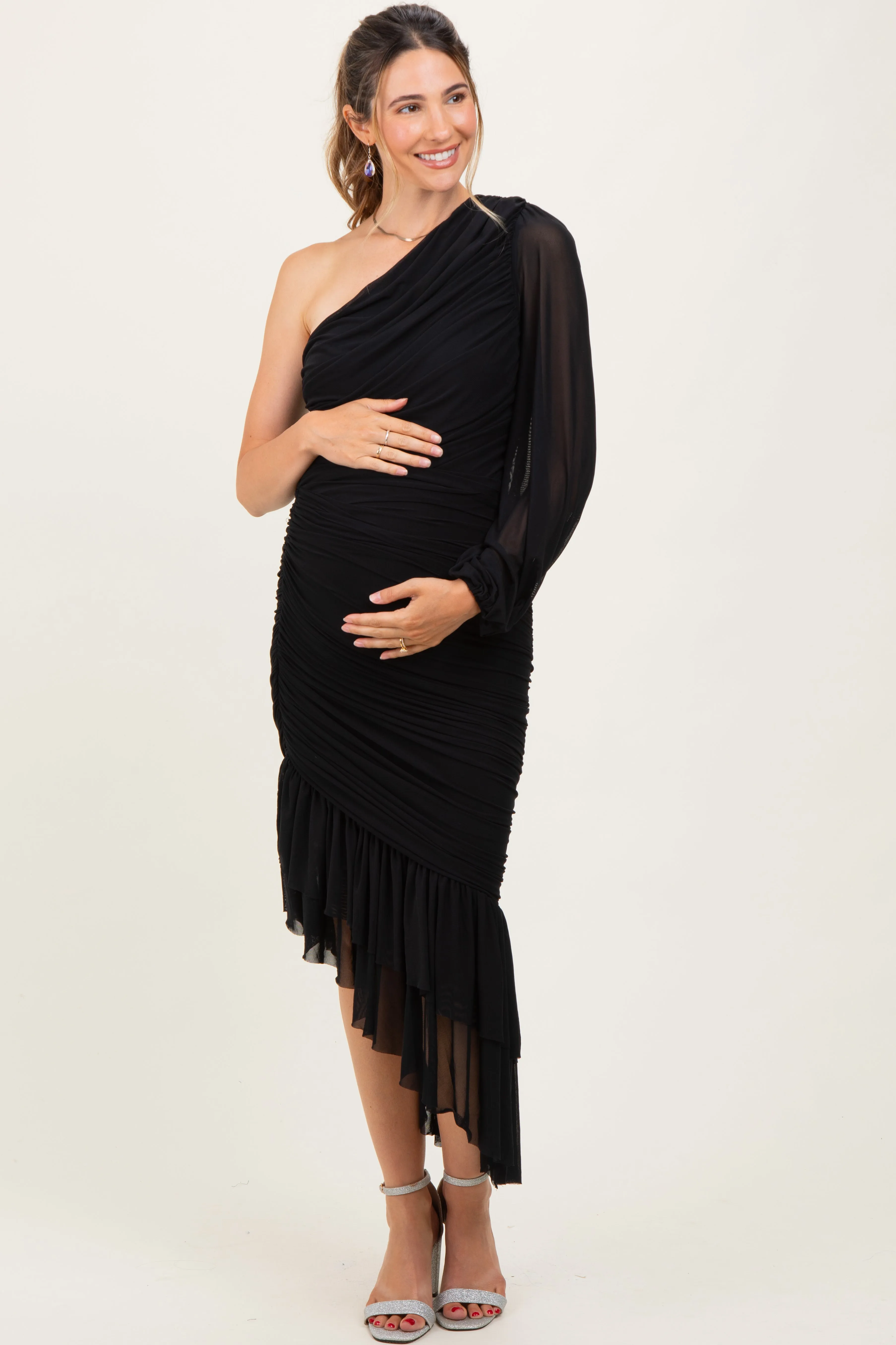 Black Mesh Ruched One Shoulder Asymmetric Maternity Dress sold by Pinkblush