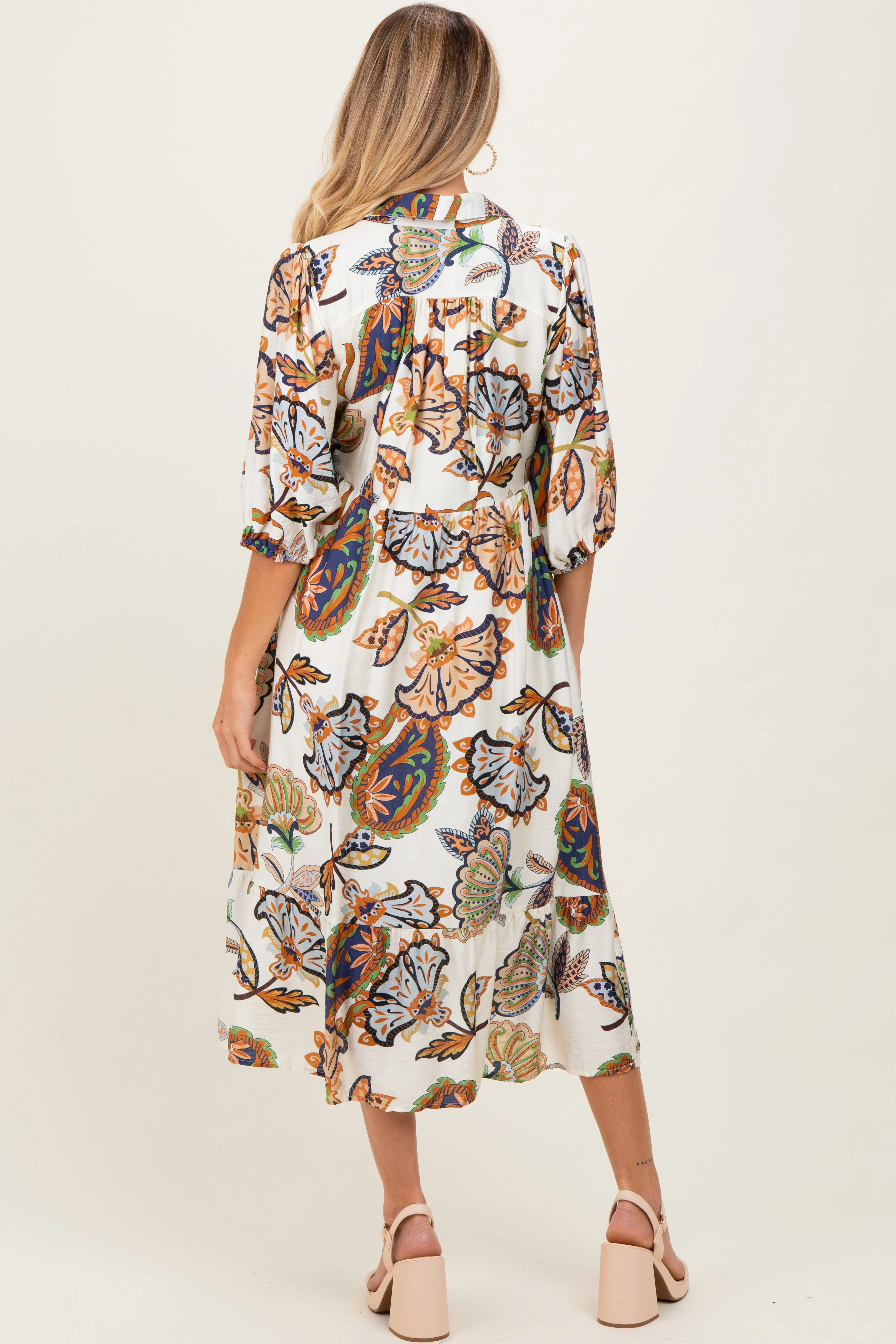 Cream Floral Collared 3/4 Sleeve Maternity Midi Dress sold by Pinkblush product image thumbnail 4