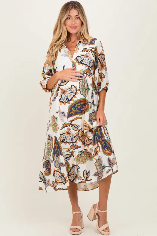 Cream Floral Collared 3/4 Sleeve Maternity Midi Dress sold by Pinkblush