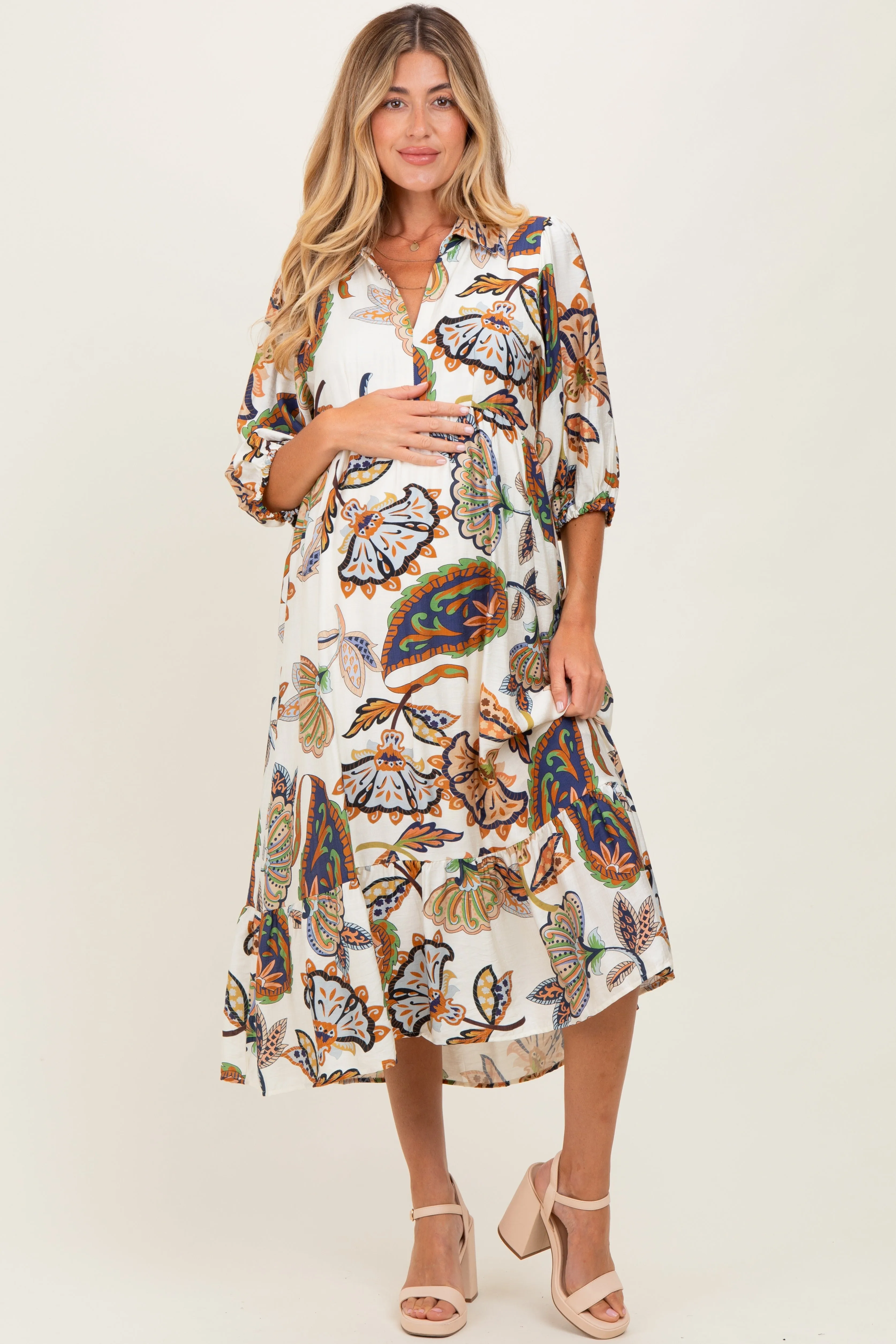 Cream Floral Collared 3/4 Sleeve Maternity Midi Dress sold by Pinkblush