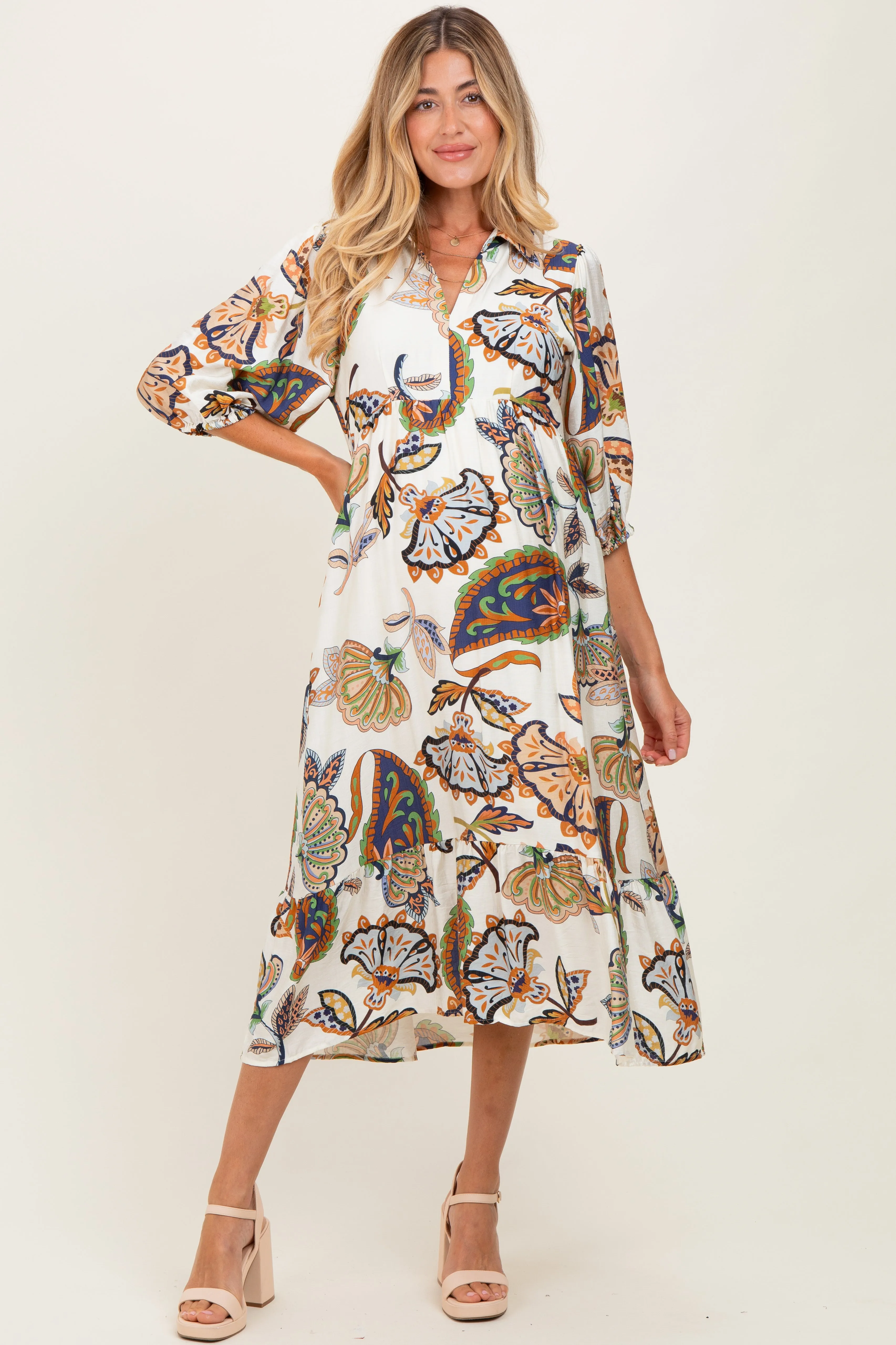 Cream Floral Collared 3/4 Sleeve Maternity Midi Dress sold by Pinkblush product image thumbnail 2