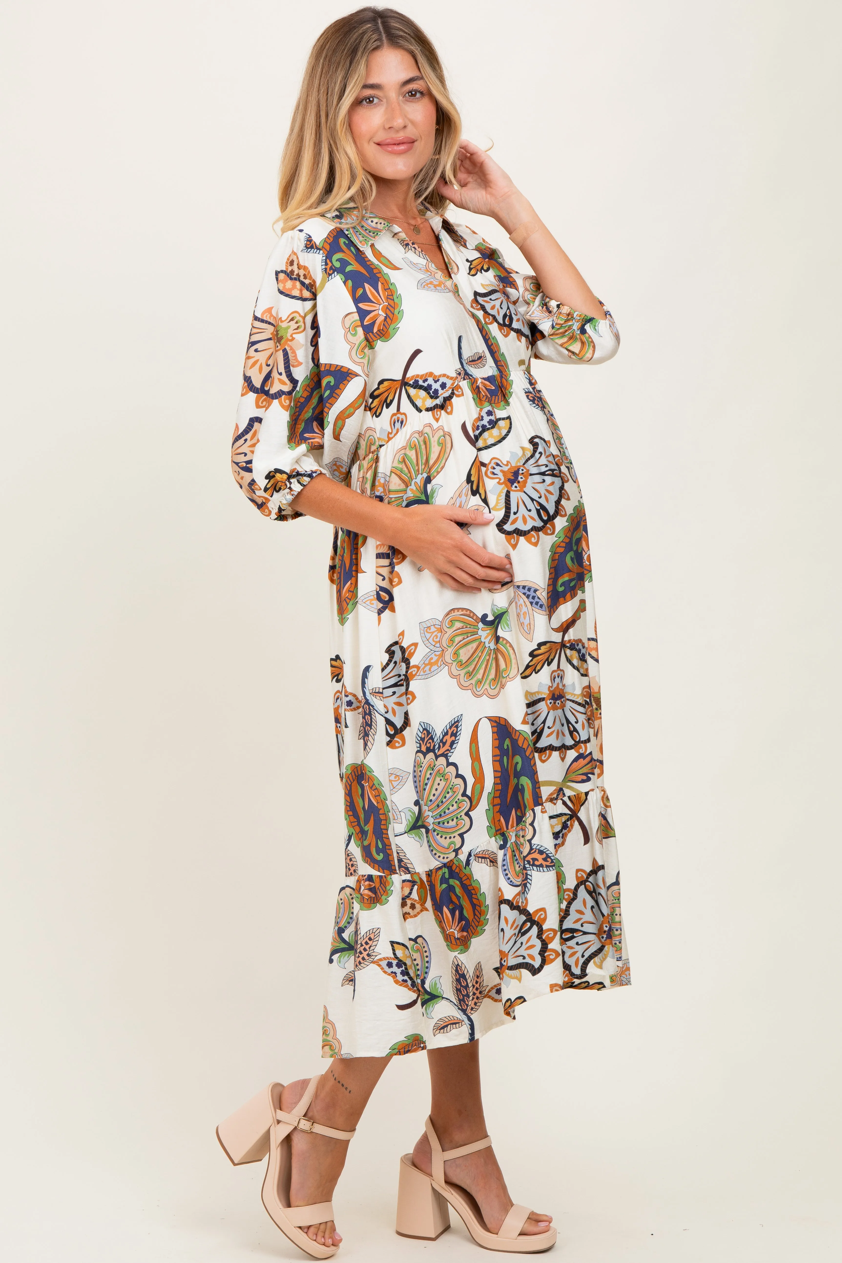 Cream Floral Collared 3/4 Sleeve Maternity Midi Dress sold by Pinkblush product image thumbnail 3