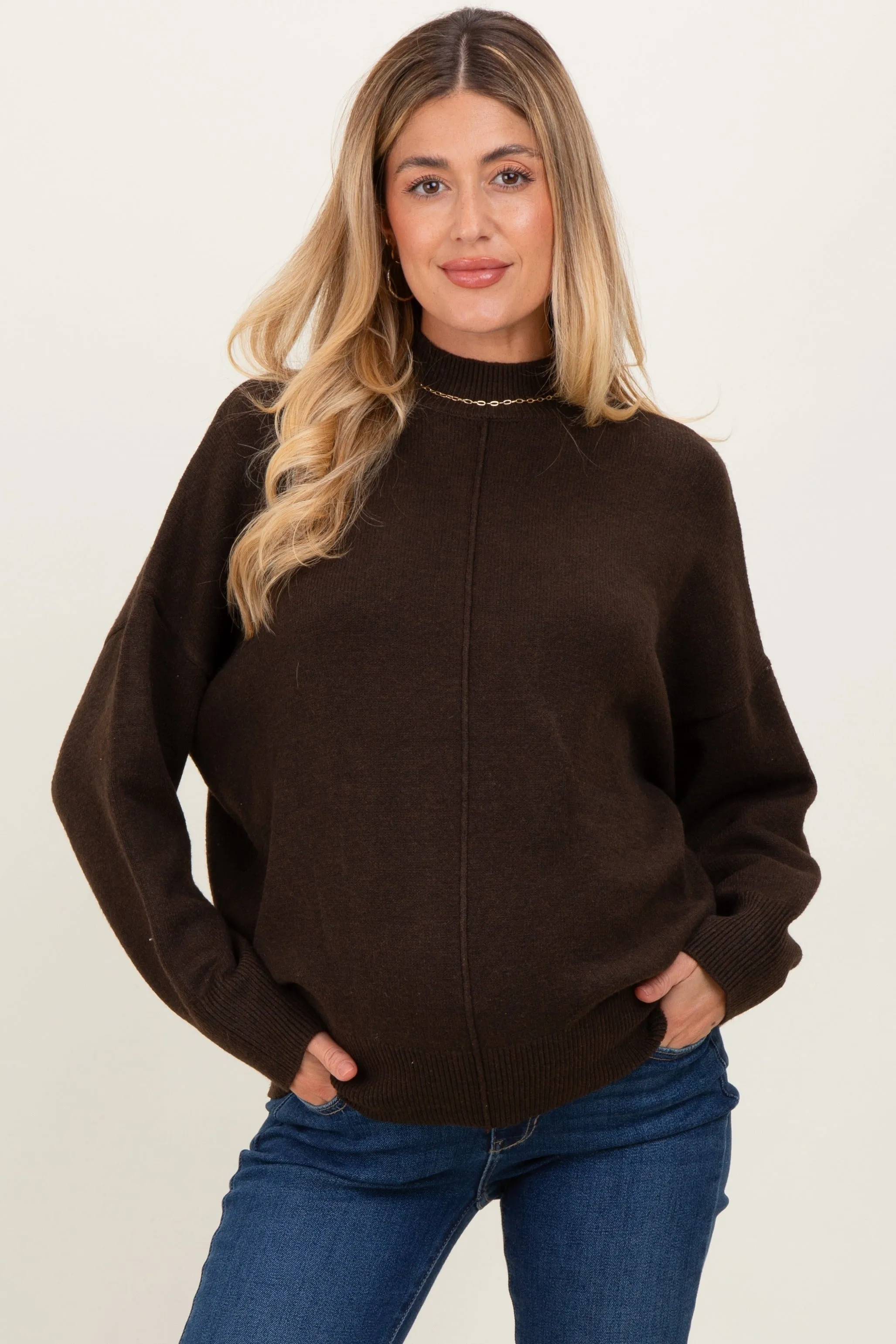 Brown Front Seam Mock Neck Maternity Sweater sold by Pinkblush