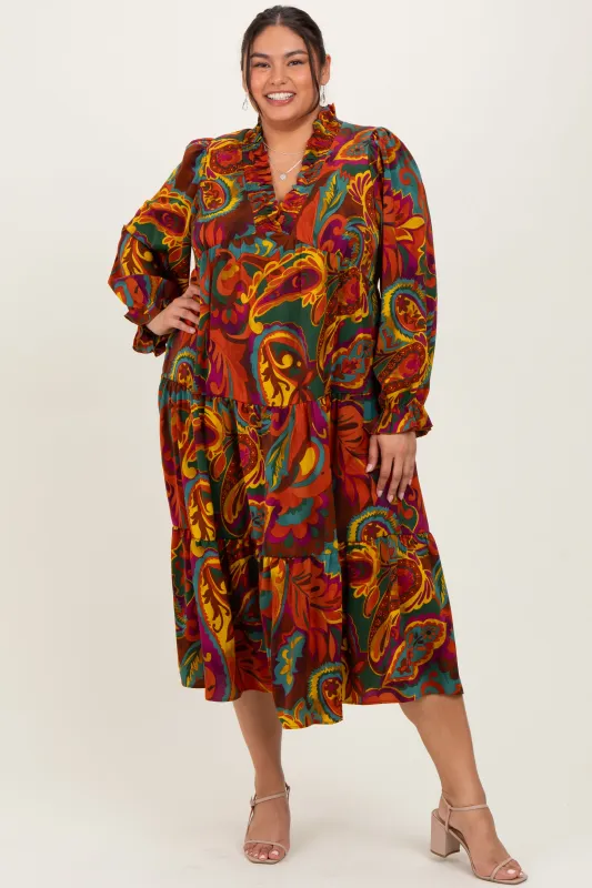 Brown Paisley V-Neck Long Sleeve Tiered Plus Maxi Dress sold by Pinkblush