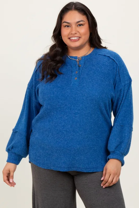Light Navy Oversized Ribbed Knit Henley Plus Sweater sold by Pinkblush