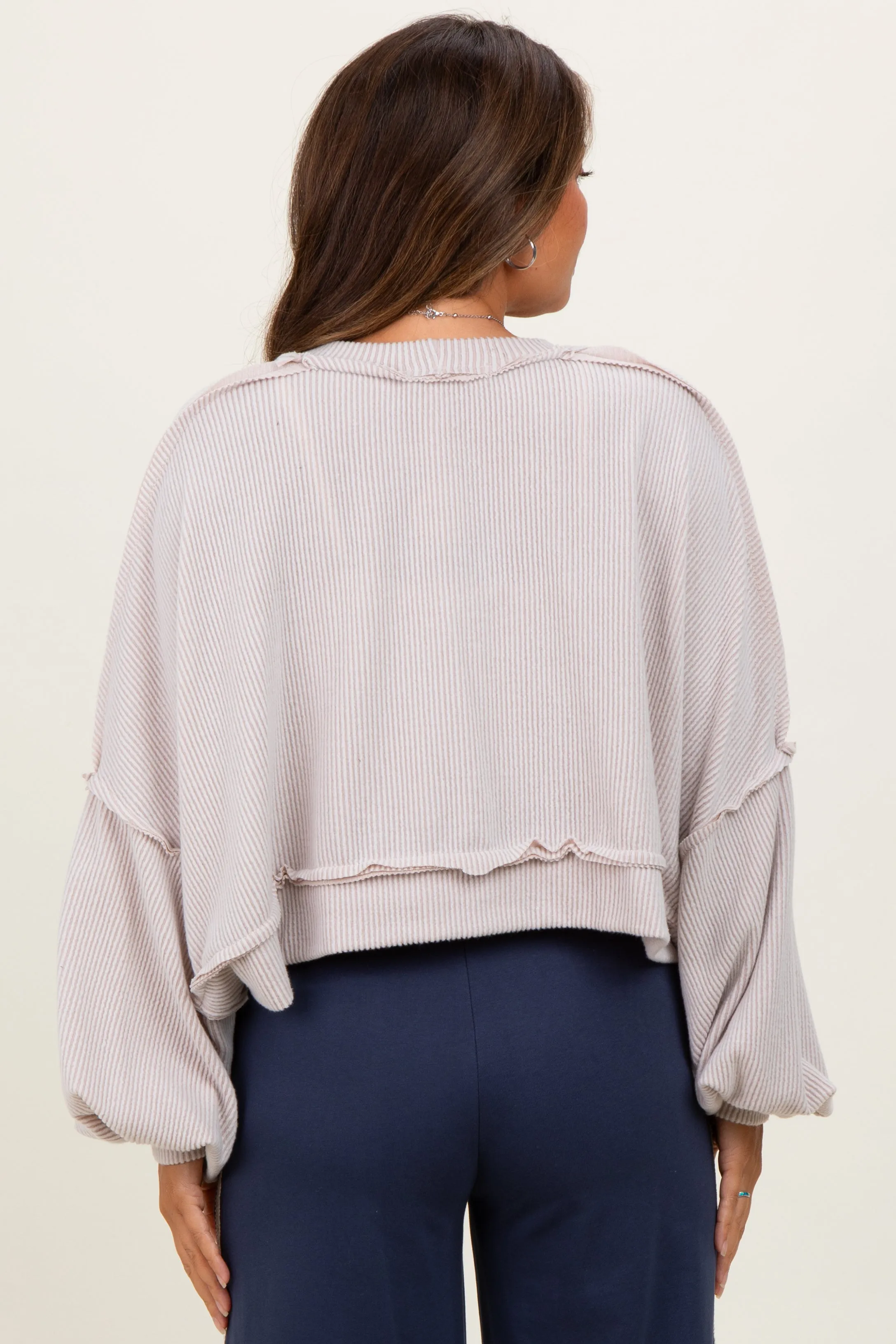 Beige Solid Ribbed Long Sleeve Cropped Maternity Cardigan sold by Pinkblush product image thumbnail 5