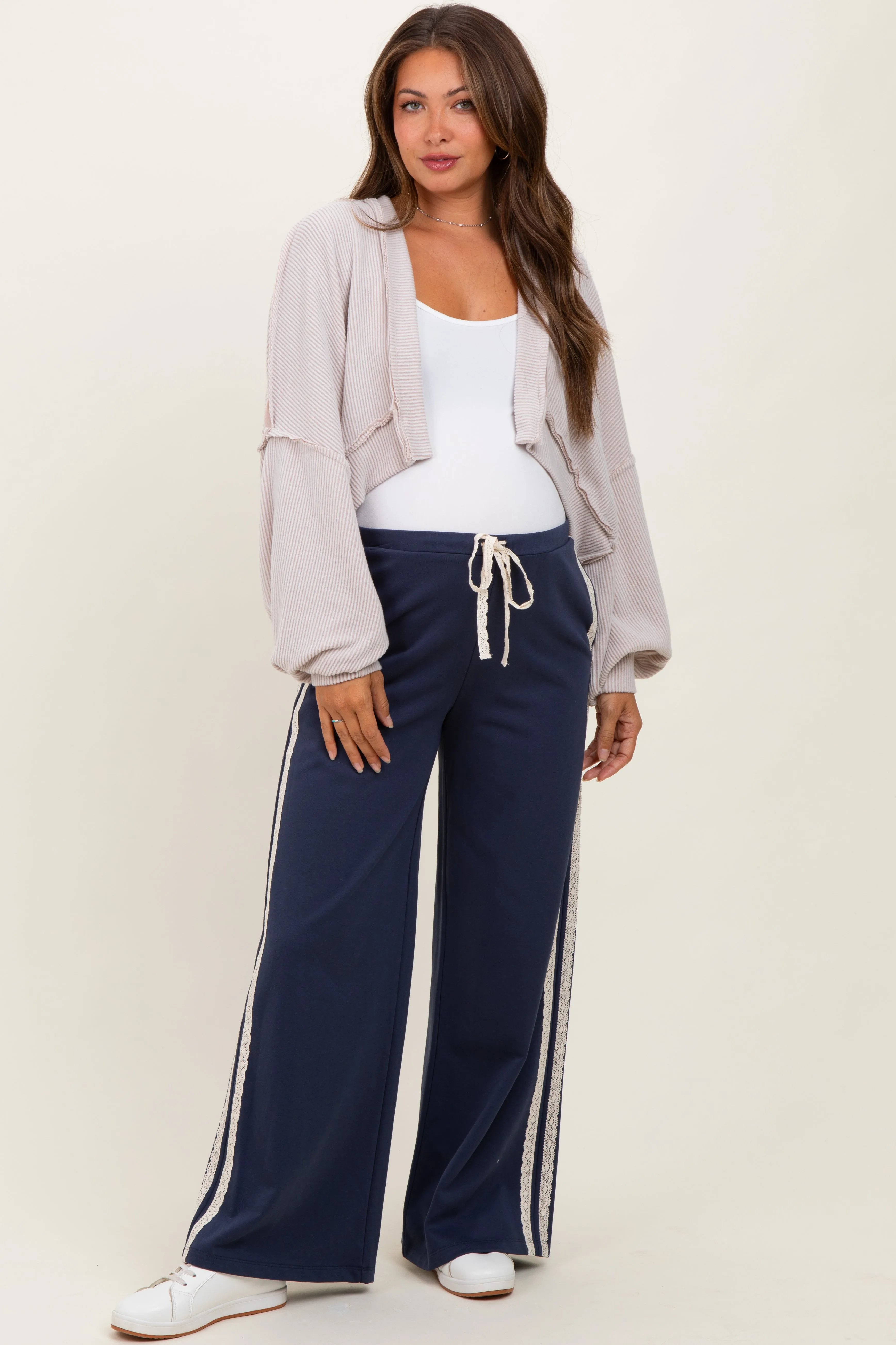 Beige Solid Ribbed Long Sleeve Cropped Maternity Cardigan sold by Pinkblush product image thumbnail 3