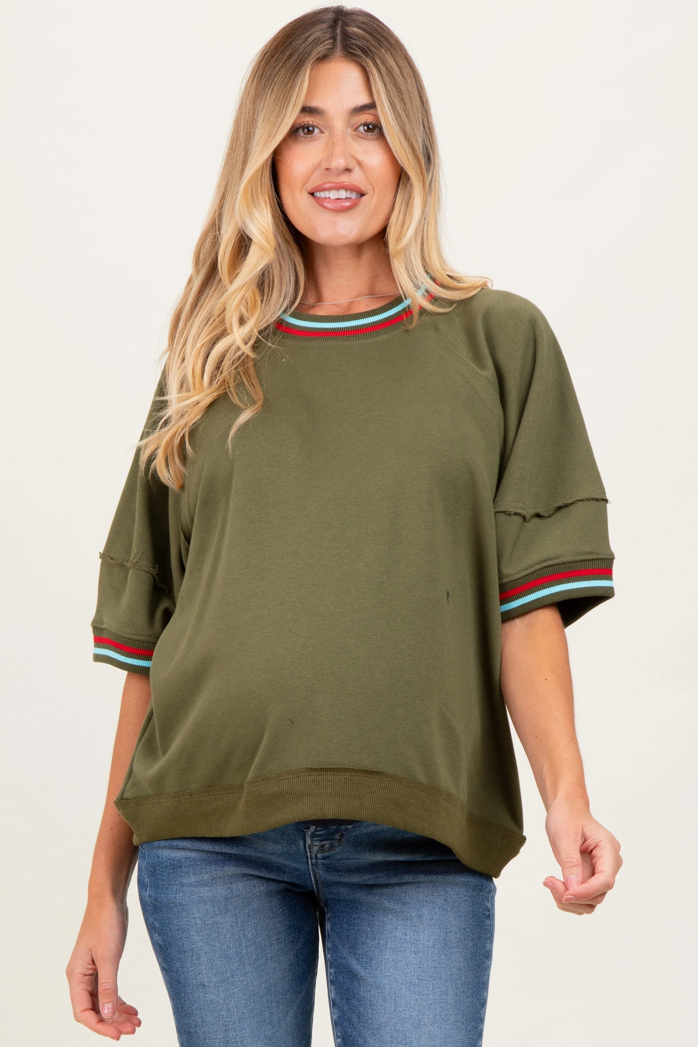 Olive Contrast Trim Short Sleeve Maternity Pullover sold by Pinkblush