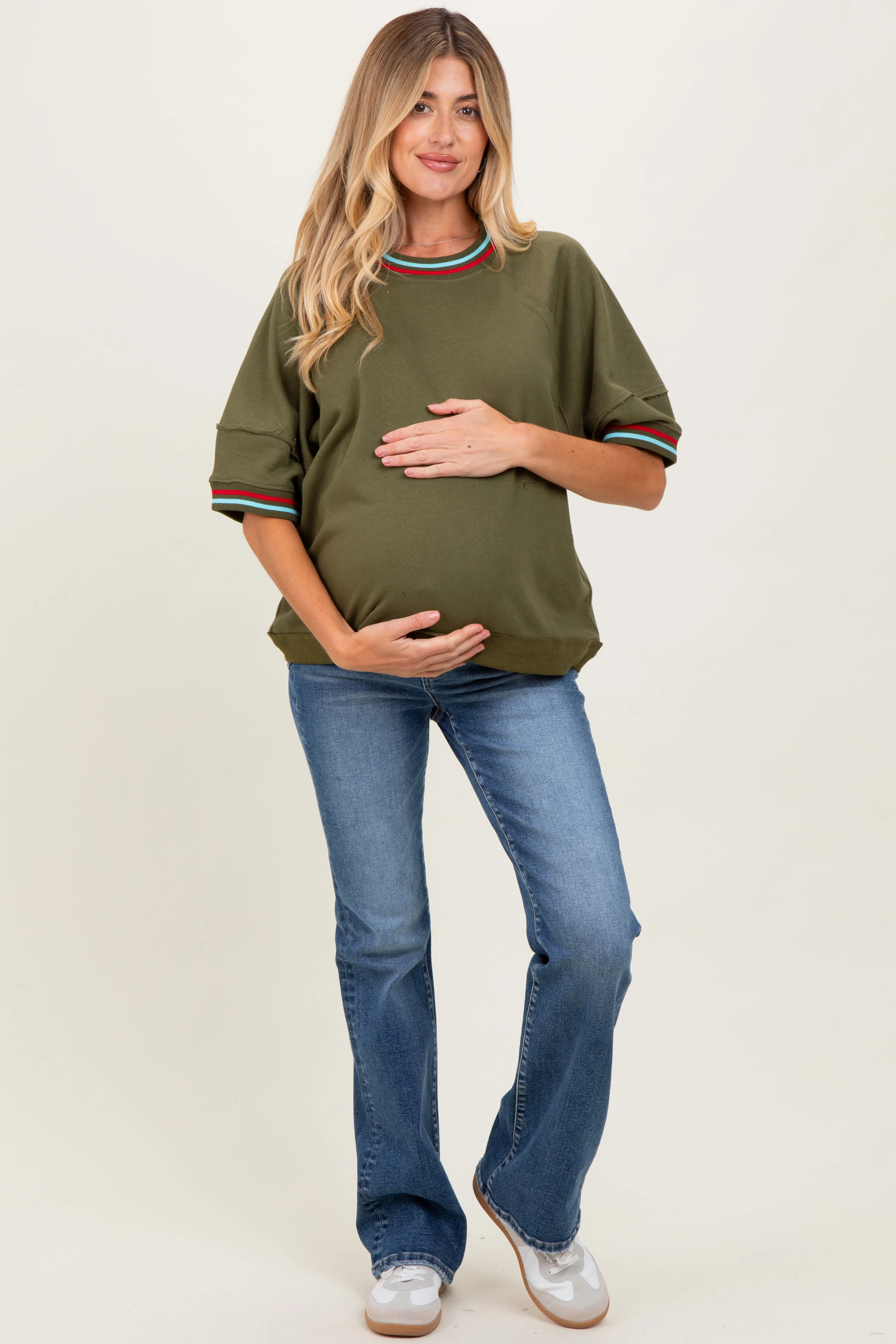 Olive Contrast Trim Short Sleeve Maternity Pullover sold by Pinkblush product image thumbnail 2