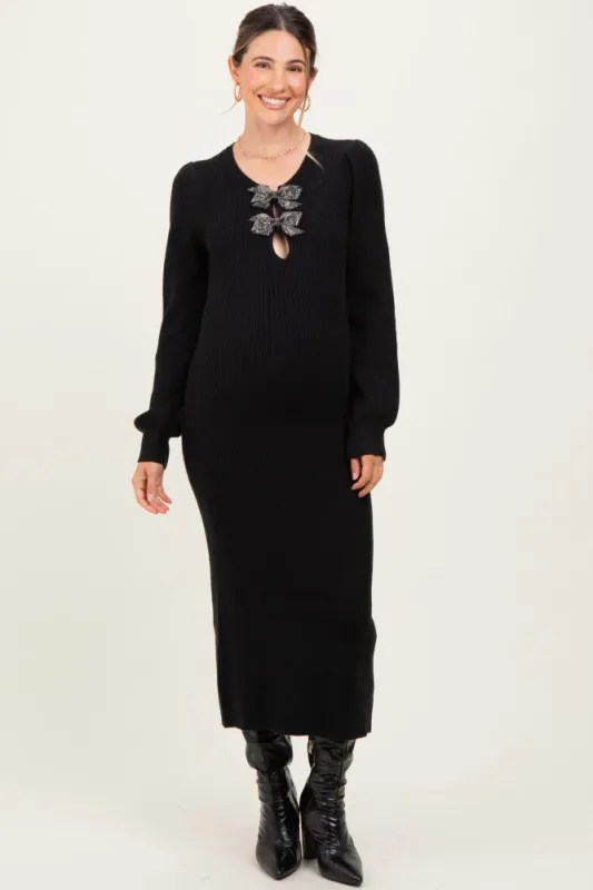 Black Ribbed Bow Detail Maternity Midi Sweater Dress sold by Pinkblush